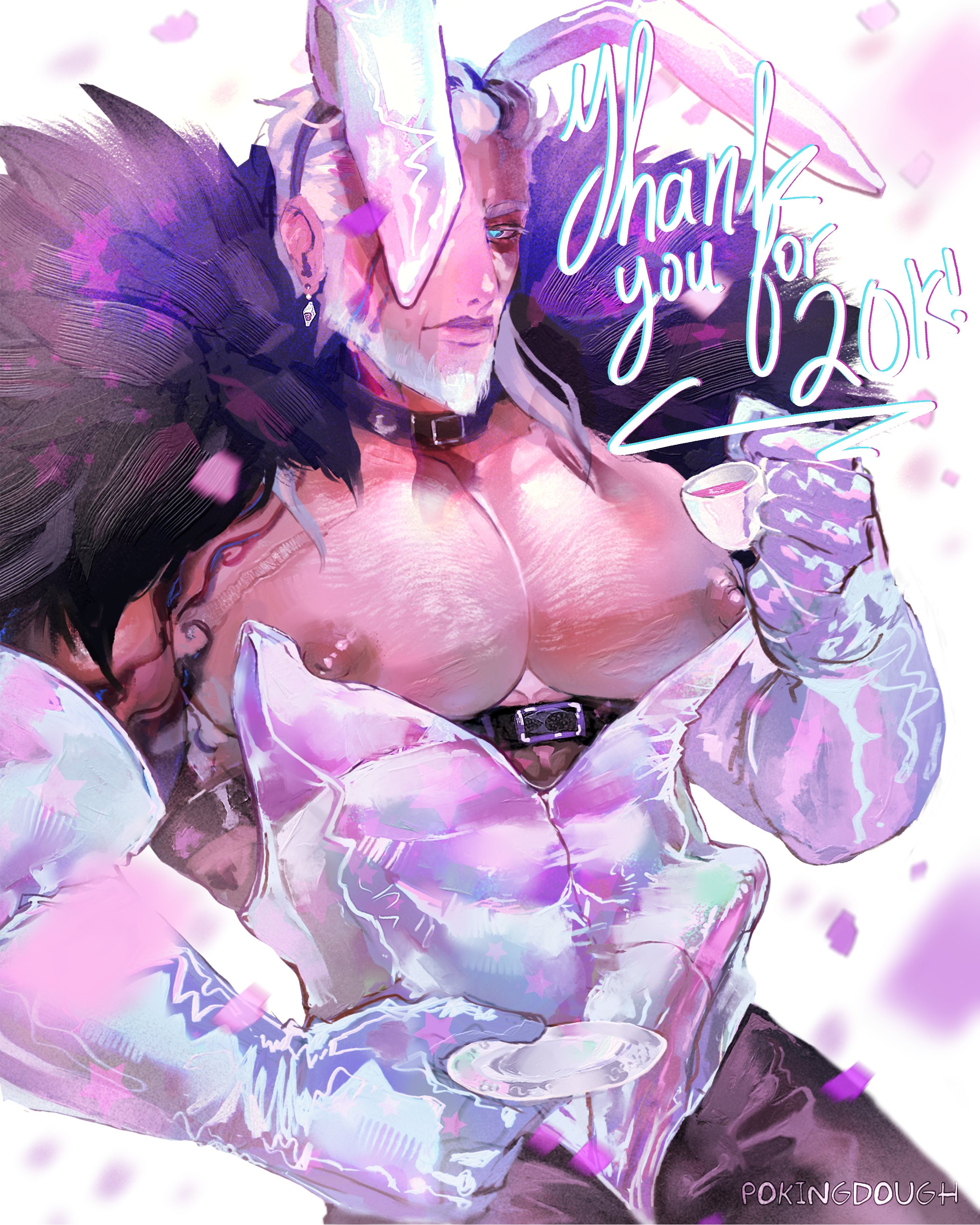 2d, 2d (artwork), bara, beard, belt, big breasts, big penis, blue eyes, breasts, bunny ears, bunnysuit, chest hair, choker, collar, earrings, facial hair, genshin impact, gloves, heart-shaped pupils, large breasts, large penis, looking at viewer, male, male focus, male only, muscular, muscular chest, muscular male, nipples, older male, pecs, penis, pierro (genshin impact), pokingdough, scar, solo, solo male, tea cup, white hair, yaoi