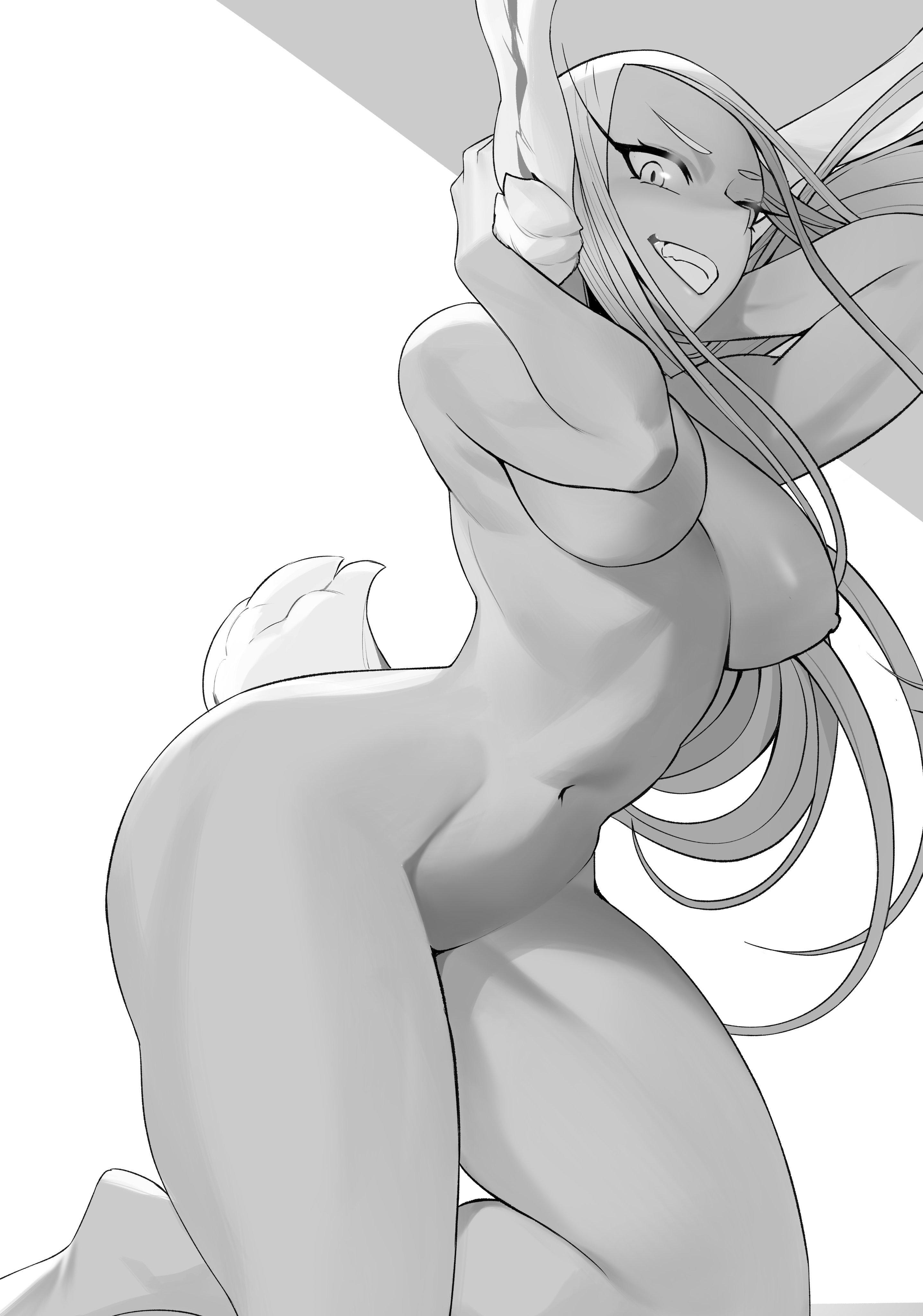 1girls, animal ears, animal tail, arms behind head, arms up, barefoot, big breasts, breasts, bunny ears, bunny girl, bunny tail, completely nude, female, female only, fur, kopam, long hair, miruko, monochrome, my hero academia, naked, nipples, nude, thick thighs, voluptuous, white fur, wide hips
