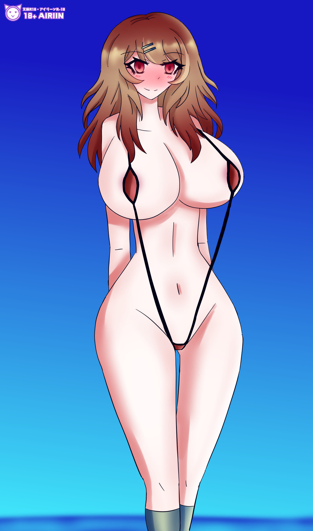 2023 airiin220 big_breasts brown_hair female female_only huge_breasts kotonoha_project maimai_(game) nick_(kotonoha_project) nicklyn pink_eyes rule_63 sling_bikini smile socks swimsuit thighs thong