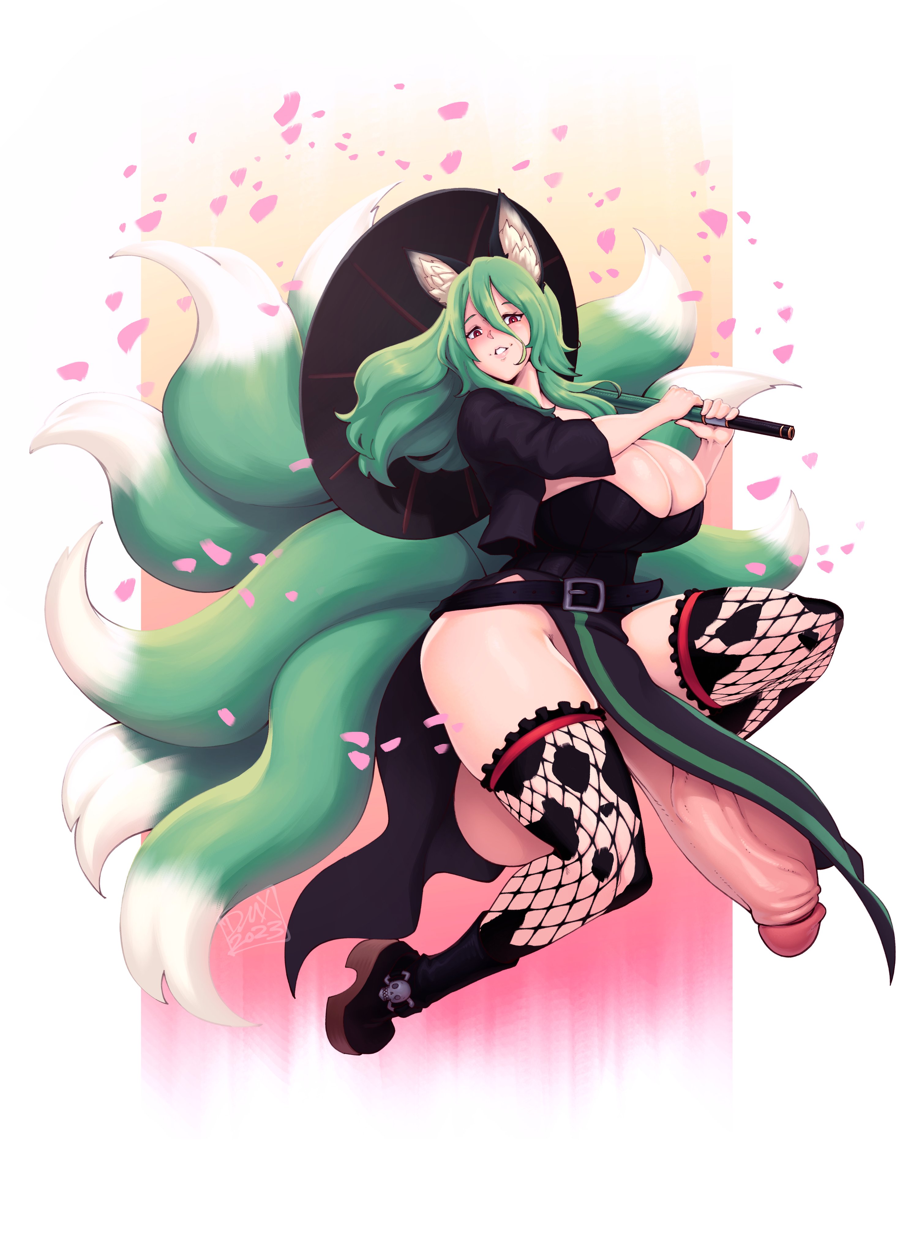 1futa, 2023, animal ears, balls, bottomless, breasts, cleavage, clothed, clothing, dmxwoops, erection, female, fox, fox ears, fox girl, fox tail, futa only, futanari, gigantic balls, gigantic penis, gigantic testicles, green hair, higher resolution available, huge breasts, huge cock, humanoid, humanoid penis, intersex, kemonomimi, light skin, light-skinned futa, long hair, looking at viewer, mature futa, mostly clothed, nine tailed fox, original, parasol, penis, red eyes, solo, testicles, thick thighs, thighhighs