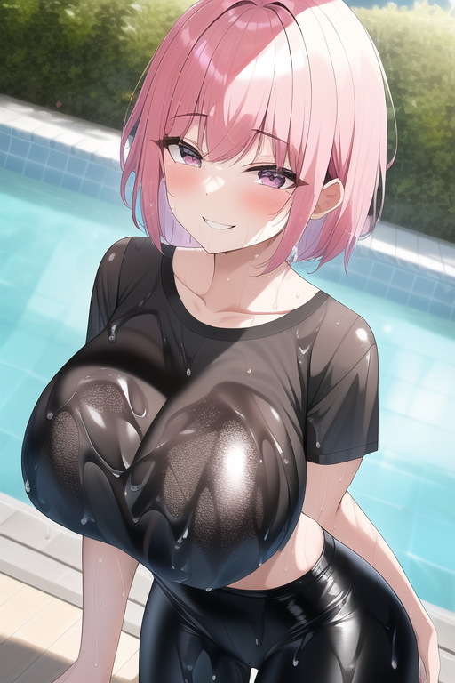 ai_generated looking_at_viewer ootori_emu outdoors outside pink_eyes pink_hair project_sekai short_hair smile smiling_at_viewer wet_clothes