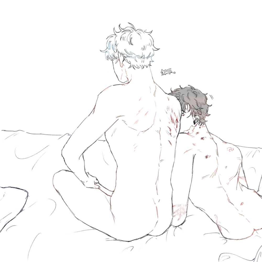 2boys after_sex bite_mark bite_marks bruised chomoranmo completely_nude gintama gintoki_sakata hickey_marks male male_only nude on_bed sakamoto_tatsuma scratches sitting spot_color yaoi