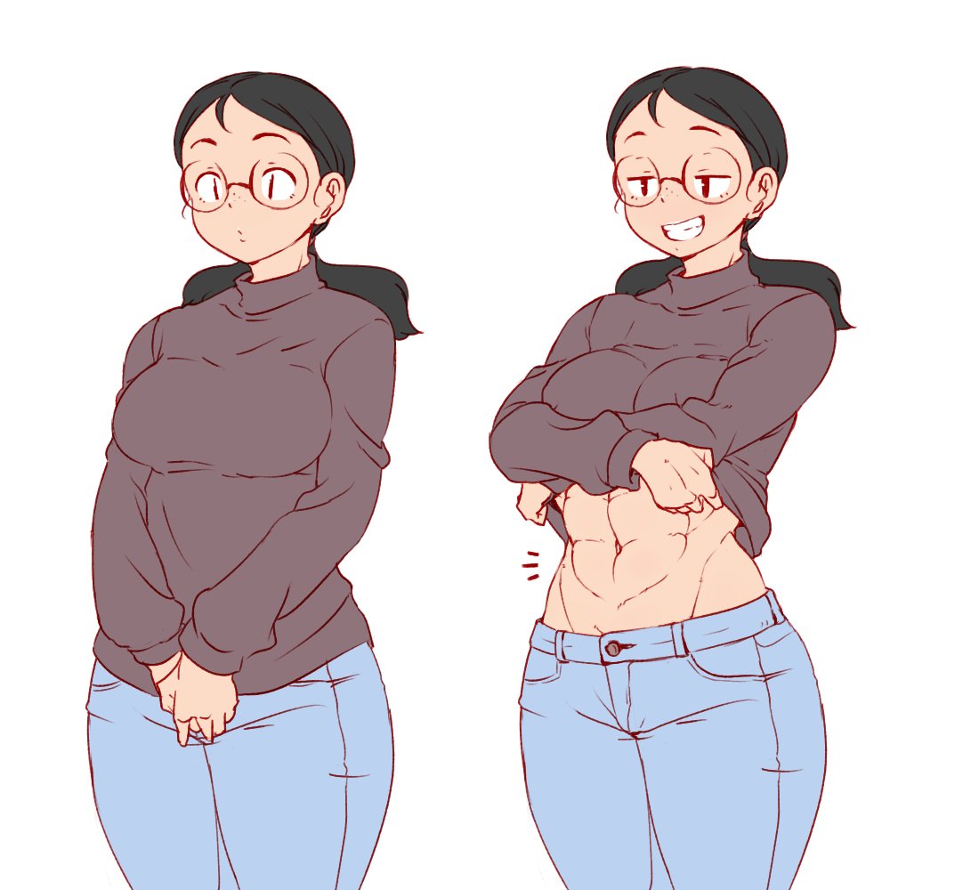 abs, black hair, blue pants, breasts, clothes lift, denim, female, freckles, glasses, grin, half-closed eyes, hanzo (2929), jeans, jimiko, lifted by self, long hair, low ponytail, mature female, milf, multiple views, muscular, muscular female, navel, original, pants, round eyewear, shirt lift, simple background, smile, smug, standing, sweater, teeth, undressing, white background