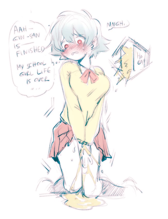 alternate_costume bladder blush canon_genderswap colored_sketch covering_crotch dialogue doodle embarrassed english_text female female_only genderswap_(mtf) ginko_sakata gintama gintoki_sakata kneeling knees_together_feet_apart need_to_pee niichan omorashi pee_puddle peeing peeing_self pleated_skirt red_eyes rule_63 school_uniform schoolgirl short_hair sketch solo speech_bubble tears urination urine