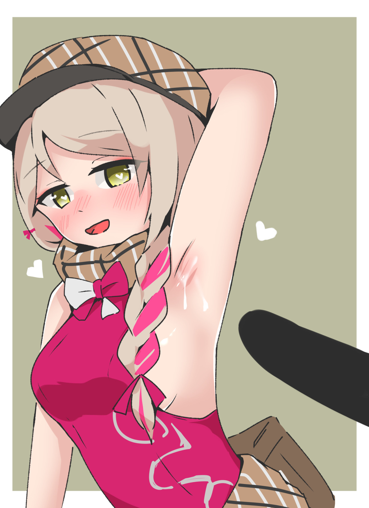 1boy, 1girls, arm up, armpit fetish, armpit sex, armpits, braid, braided ponytail, breasts, brown hair, cum, cum on armpit, cum on body, female, female focus, fire emblem, fire emblem engage, framme (fire emblem), hat, heart-shaped pupils, male, mmbirrrrd, nintendo, open mouth, small breasts, smile, solo focus, yellow eyes