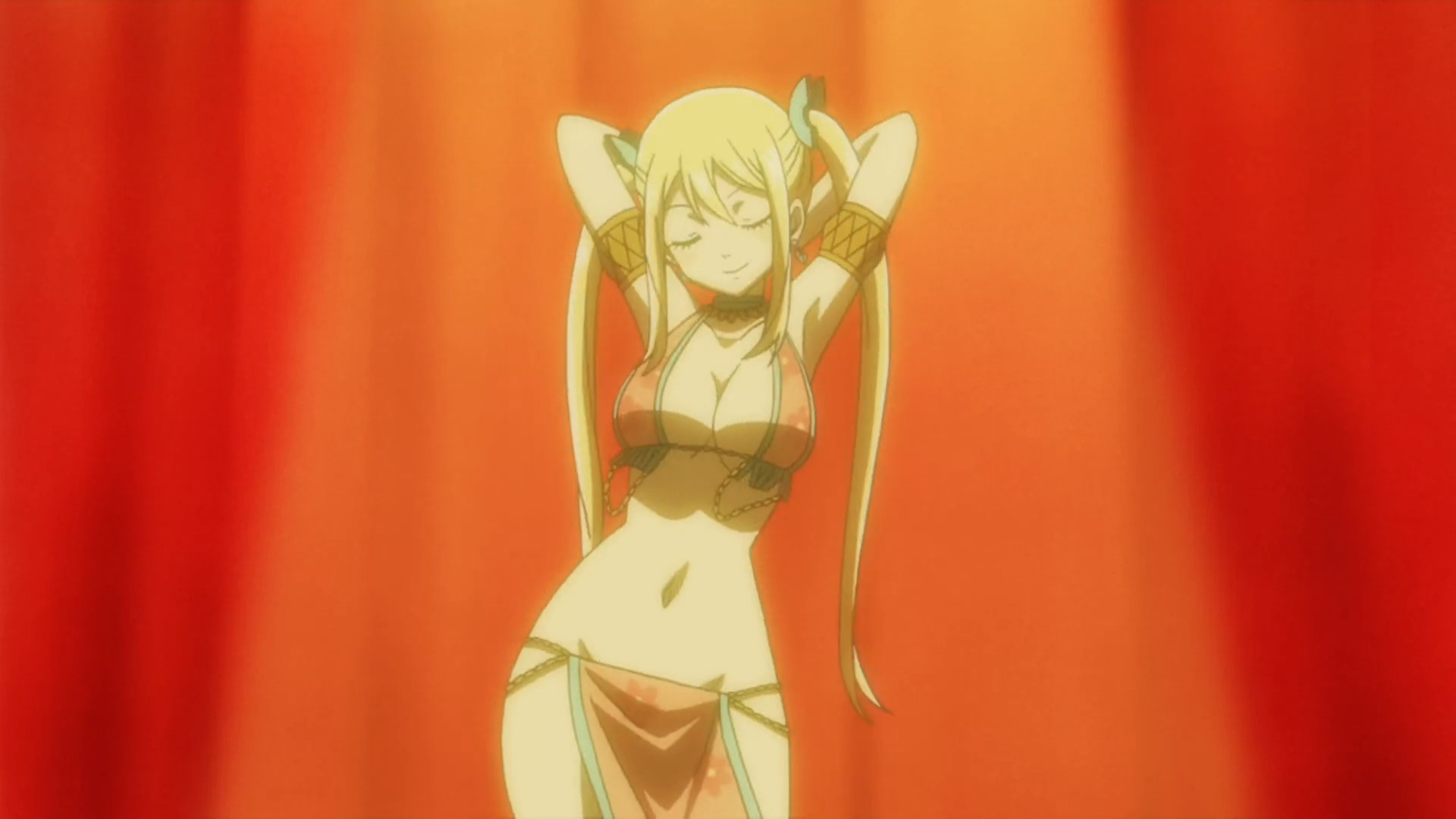 1girls, alternate hairstyle, armpits, arms behind head, belly dancer, big breasts, blonde hair, blonde-haired female, breasts, busty, cleavage, closed eyes, fairy tail, female, female only, fit female, hi res, large breasts, legs, long hair, lucy heartfilia, lucy heartfilia (belly dancer), navel, screencap, sensual, sexy armpits, smile, thighs, twintails, voluptuous, voluptuous female