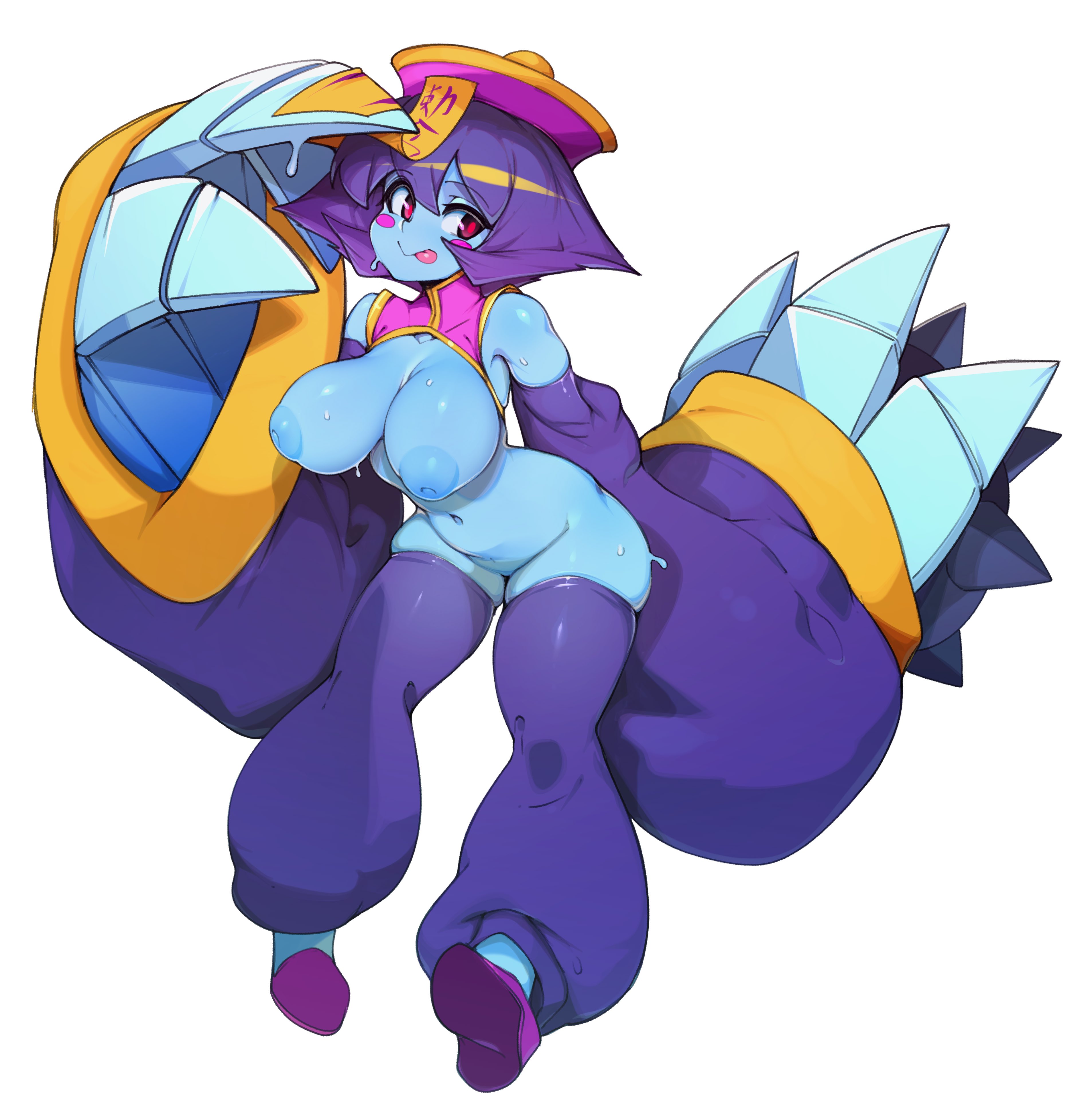 blue skin, breasts, clothing, darkstalkers, female, hsien ko, jiangshi, large breasts, lei lei, lei-lei, nipples, pussy, slugbox