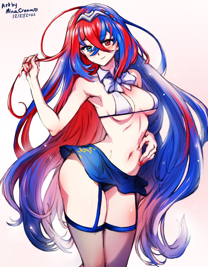 1girls, alear (fire emblem), alear (fire emblem) (female), bangs, black panties, blue eyes, blue hair, braid, breasts, cleavage, crossed bangs, crown braid, female, female only, fire emblem, fire emblem engage, heterochromia, jewelry, long hair, looking at viewer, medium breasts, minacream, multicolored hair, nail polish, navel, nintendo, panties, pantyshot, red eyes, red hair, red nails, smile, solo, split-color hair, tiara, two-tone hair, underwear, upskirt, very long hair