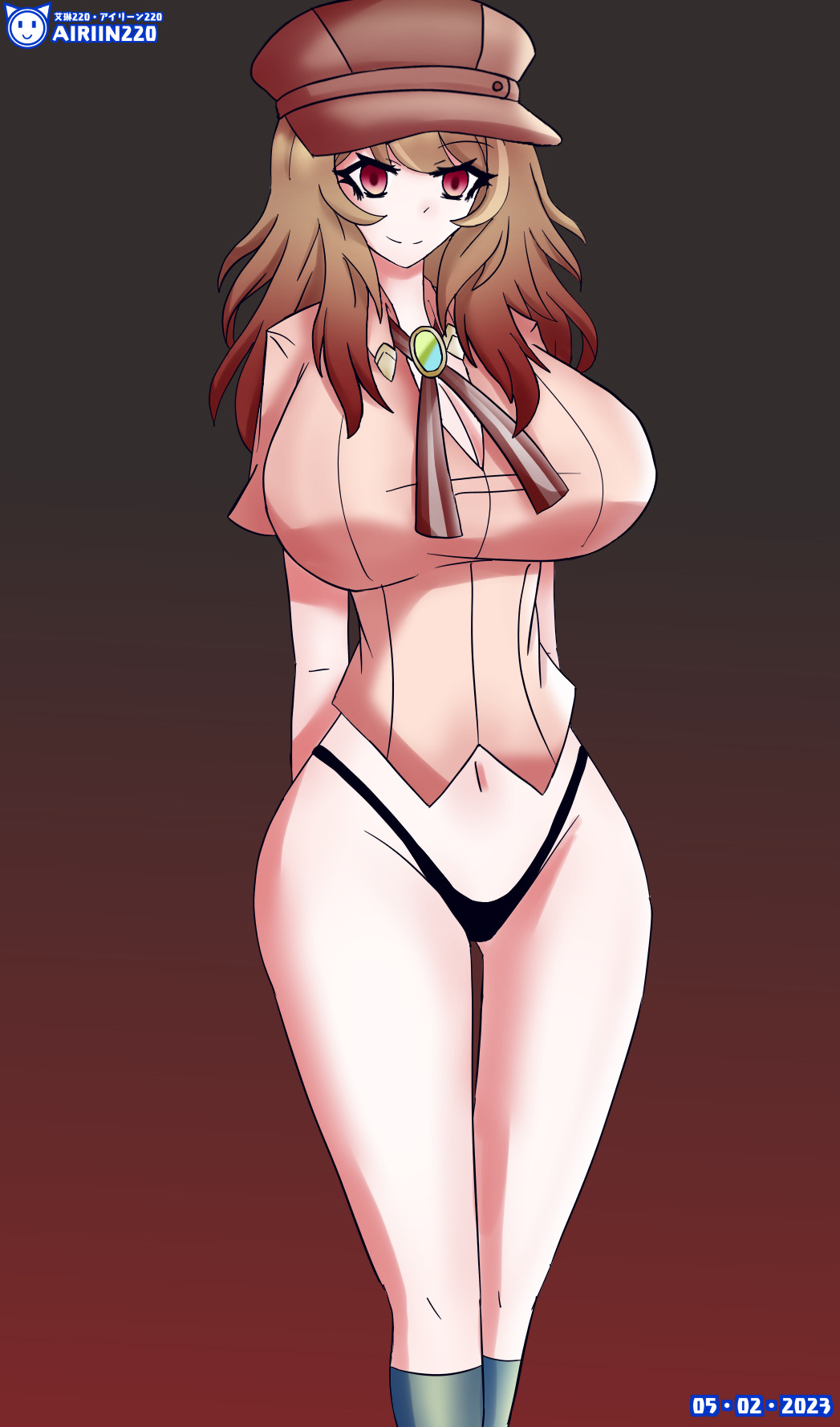 2023 airiin220 big_breasts black_rose:_kotonoha_project_2nd_season brown_hair clothing female female_only hat huge_breasts kotonoha_project maimai_(game) nick_(kotonoha_project) nicklyn panties pink_eyes rule_63 smile socks thighs thong tie