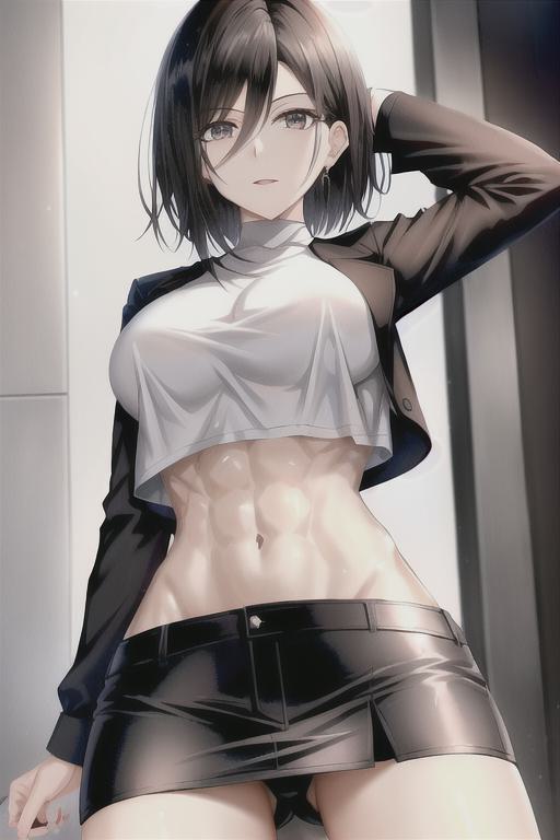 abs, ai generated, attack on titan, black hair, crop top, cropped jacket, female, grey eyes, hair between eyes, mikasa ackerman, miniskirt, white shirt