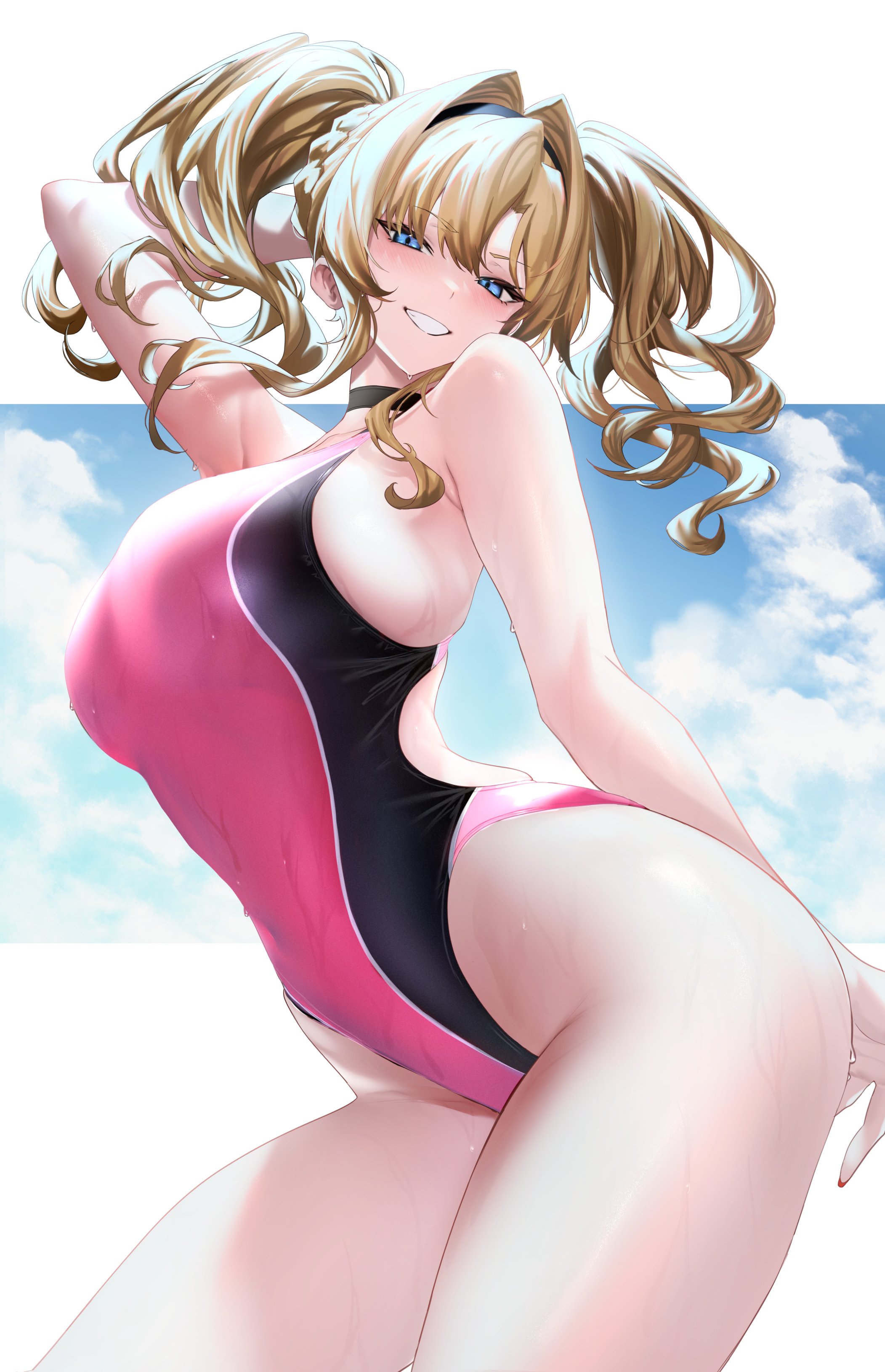 absurdres, alternate costume, arm up, bangs, bare arms, bare shoulders, blonde hair, blue eyes, blush, breasts, competition swimsuit, covered navel, female, granblue fantasy, hair intakes, highleg, highleg swimsuit, highres, large breasts, long hair, looking at viewer, one-piece swimsuit, outdoors, parted lips, smile, solo, swimsuit, teeth, thick thighs, thighs, twintails, two-tone swimsuit, ulrich (tagaragakuin), wet, zeta (granblue fantasy)
