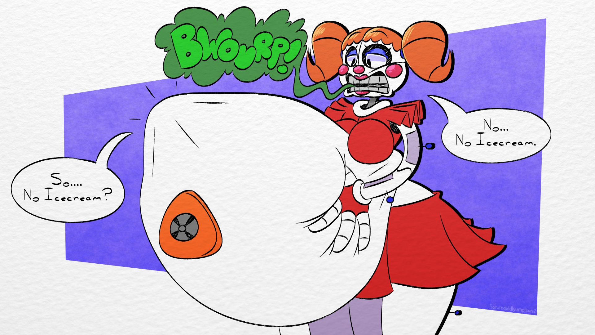 1girls, ambiguous prey, baby (fnafsl), big hips, burping, circus baby, circus baby (fnaf), female, five nights at freddy's, five nights at freddy's: sister location, huge belly, robot, scottgames, sister location, struggling prey, thick thighs, vore, vore belly
