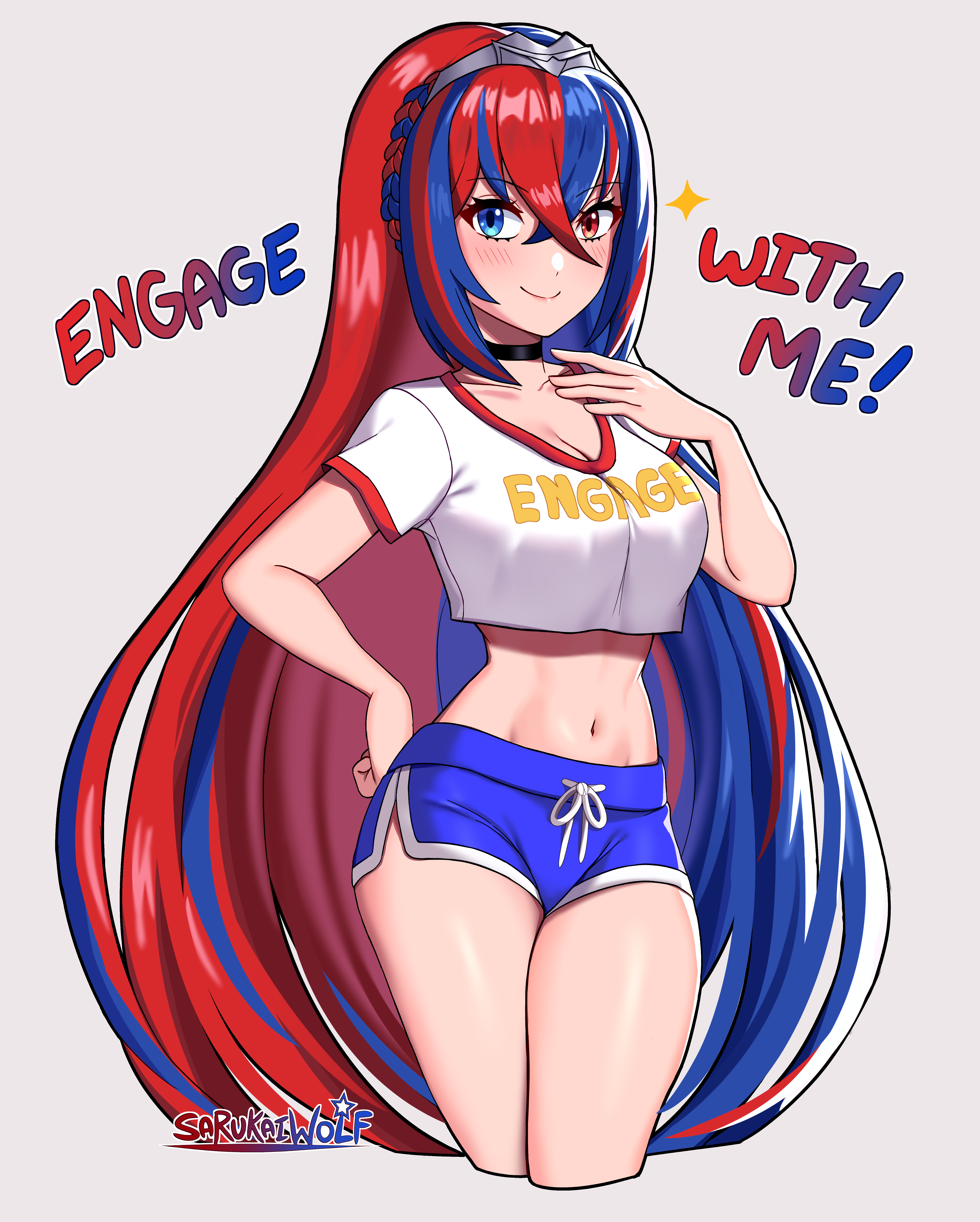 1girls, absurdres, alear (fire emblem), alear (fire emblem) (female), alternate costume, bangs, bare midriff, blue eyes, blue hair, blue shorts, blush, braid, breasts, choker, cleavage, crop top, cropped shirt, crossed bangs, dolphin shorts, female, female only, fire emblem, fire emblem engage, headband, heterochromia, highres, long hair, looking at viewer, medium breasts, midriff, multicolored hair, navel, nintendo, red eyes, red hair, sarukaiwolf, short shorts, shorts, solo, split-color hair, tiara, two-tone hair, very long hair