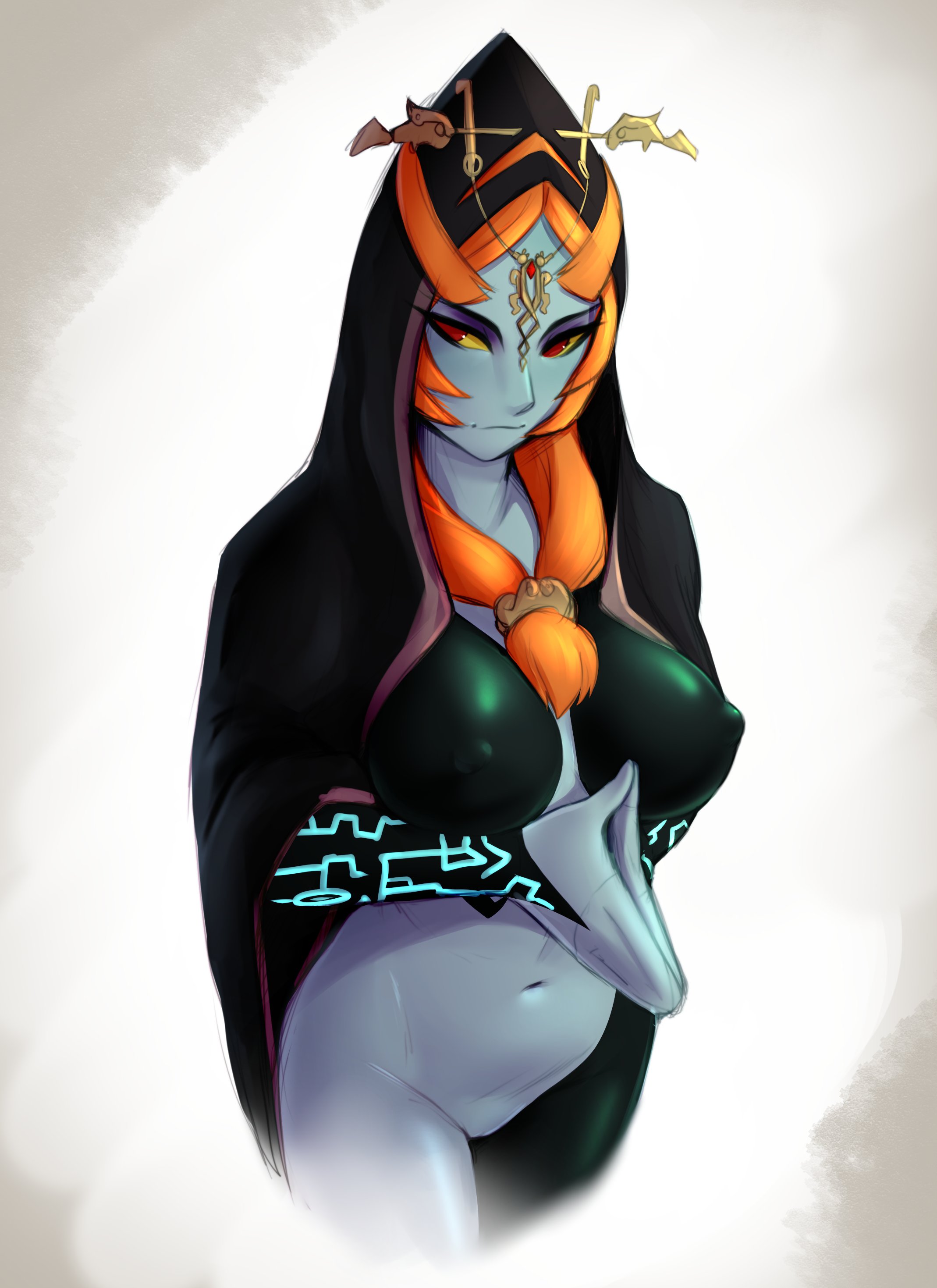 1girls, big breasts, breasts, cloak, cloak only, female, female only, midna, nipples, orange hair, pudgeruffian, purple eyeshadow, pussy, solo, the legend of zelda, twili midna, twilight princess