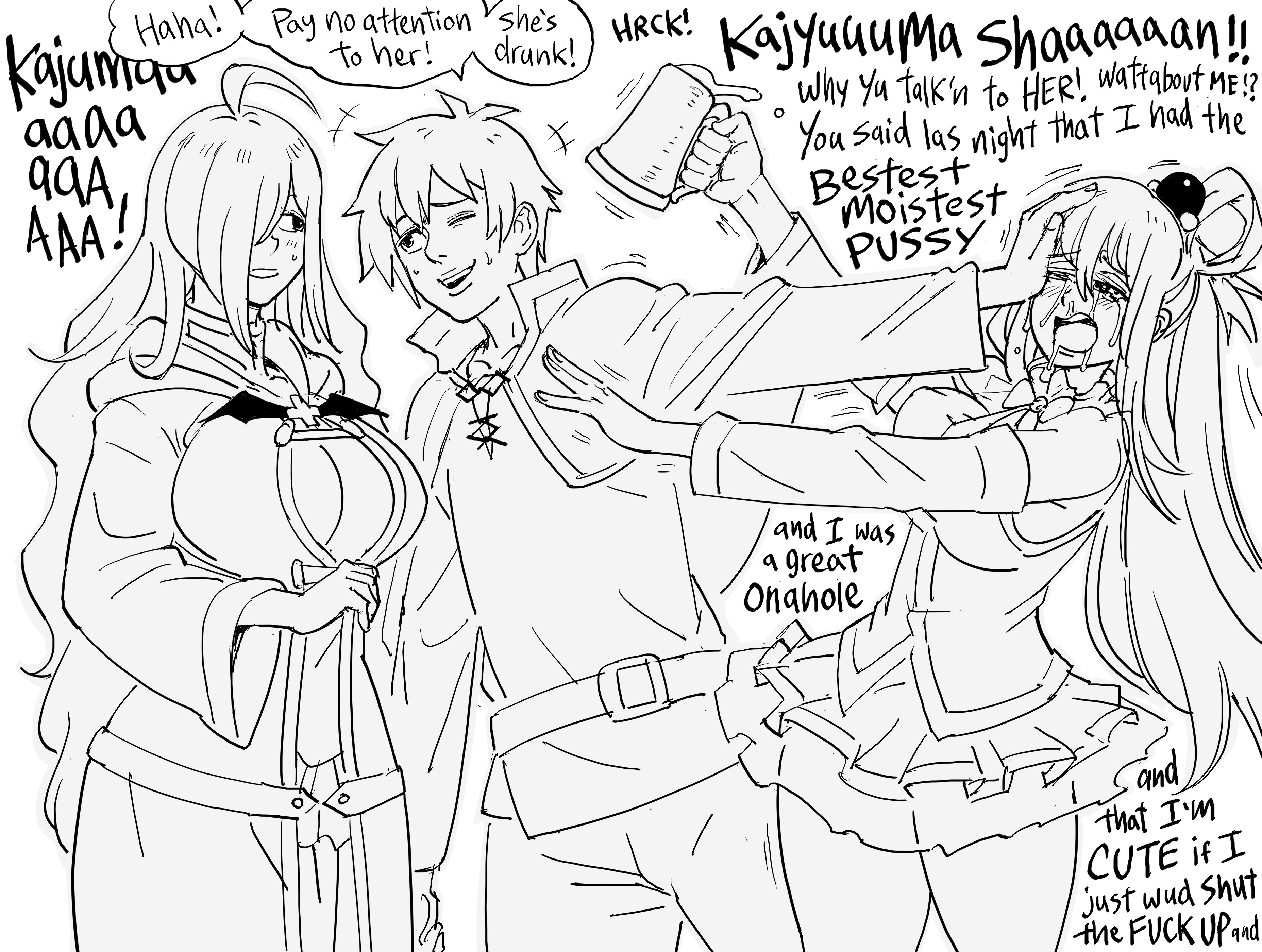 1boy, 2girls, aqua (konosuba), bb (baalbuddy), black and white, dialogue, drunk, english text, female, funny, kono subarashii sekai ni shukufuku wo!, male, satou kazuma, speech bubble, tagme, very high resolution, white background, wiz (konosuba)