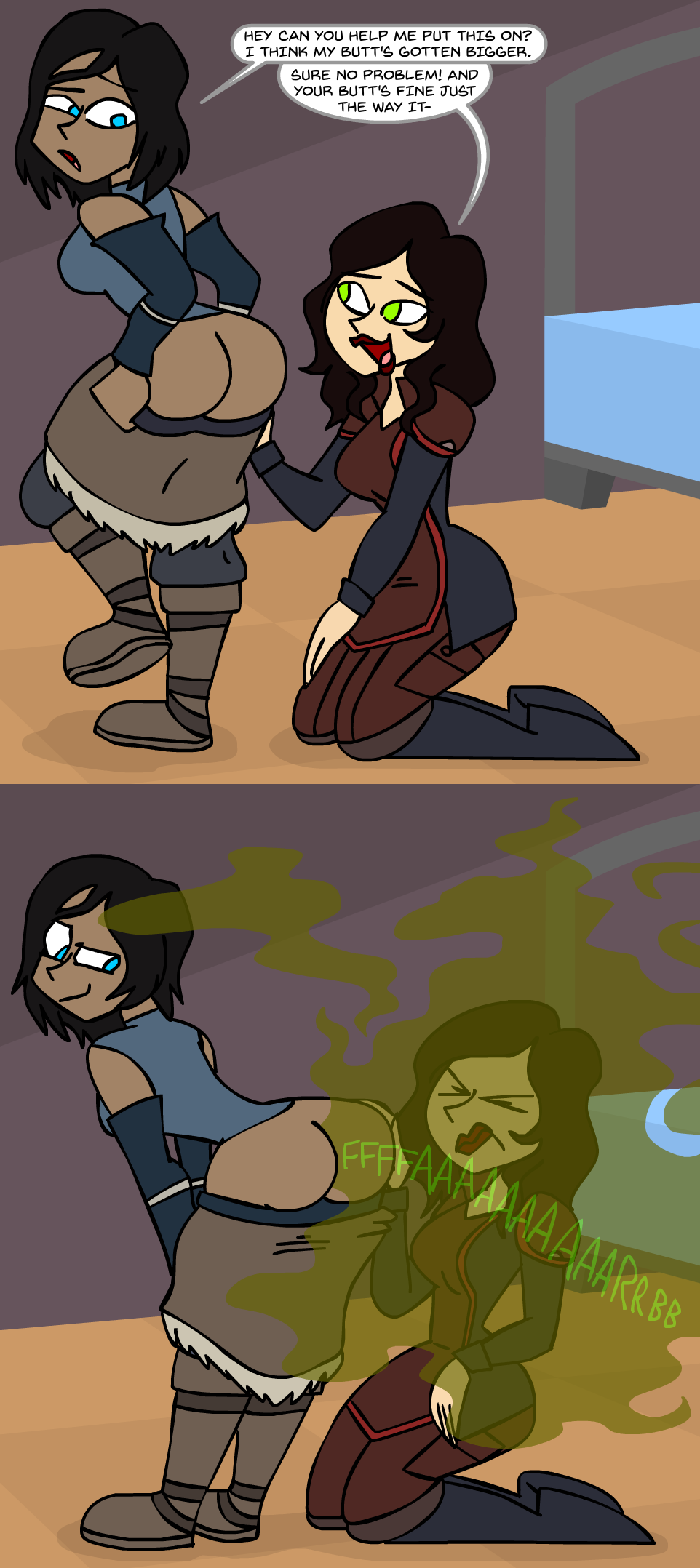 2girls animatedjames asami_sato ass avatar_legends clothing dark-skinned_female dark_skin english_text facefart fart fart_cloud fart_fetish farting female korra speech_bubble text the_avatar the_legend_of_korra water_tribe yuri