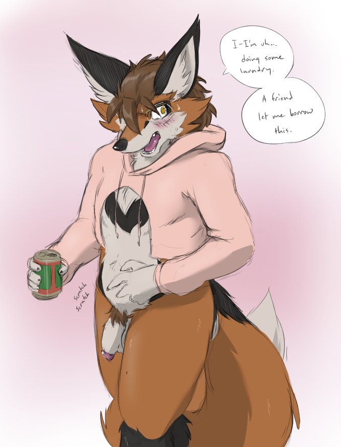 2018 anthro balls barely_visible_balls barely_visible_genitalia beverage biped blush bottomless brown_body brown_fur canid canine clothed clothing colored cropped_hoodie dialogue dialogue_box english_text eyewear flaccid fox fur genitals glasses hair hoodie male mammal penis pink_clothing pink_cropped_hoodie pink_hoodie pink_shirt pink_topwear shirt solo speech_bubble standing text topwear zero_(zerofox1000) zerofox1000