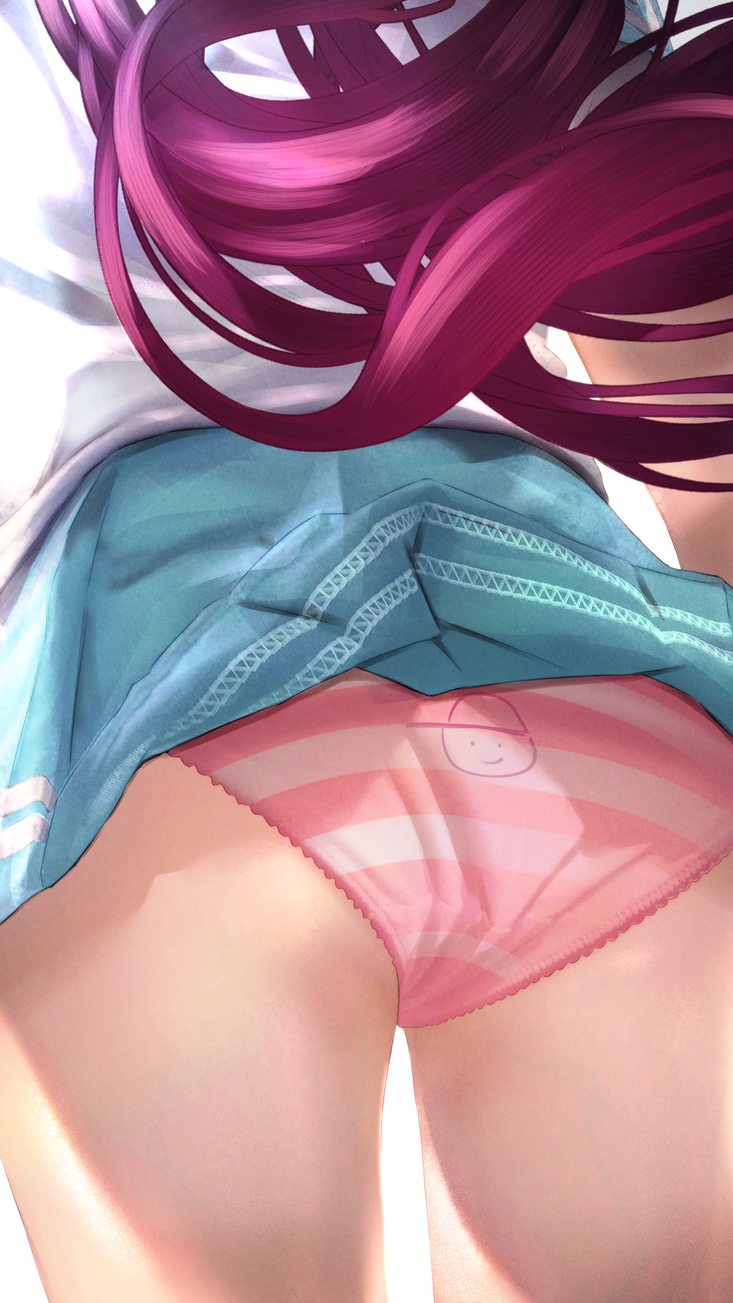 1girls, absurdres, aqua skirt, ass, clothes lift, female, female only, from behind, getto (ifphilo), guyrys, highres, hololive, hololive english, hololive english -promise-, irys, irys (hololive), light skin, light-skinned female, long hair, panties, pantyshot, pink hair, pink panties, project: hope, shirt, skirt, skirt lift, solo, striped, striped panties, thigh gap, underwear, virtual youtuber, white shirt