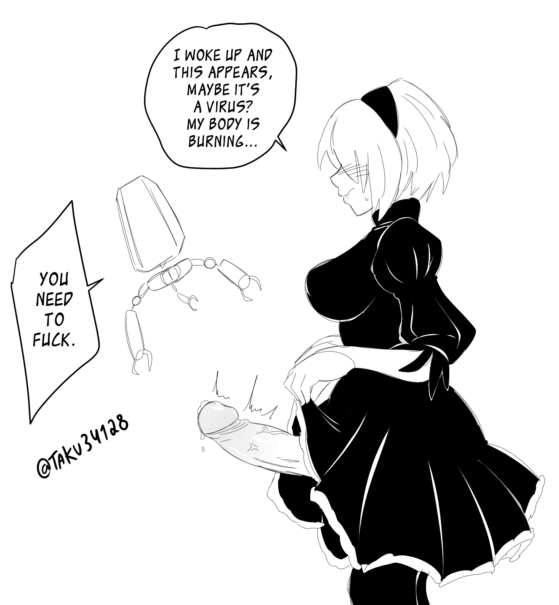 1futa, big penis, bottomless, breasts, clothed, clothing, english text, erect penis, erection, futa only, futanari, hairband, huge cock, human, intersex, light skin, light-skinned futa, monochrome, mostly clothed, nier, nier: automata, penis, pod (nier), precum, short hair, skirt, skirt lift, solo, standing, taku34128, text, transformation, white background, white hair, yorha 2b