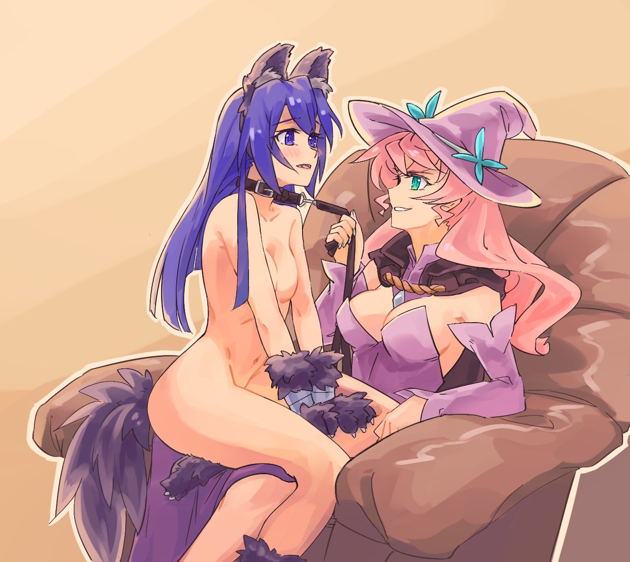 2girls blue_hair blush dog_ears dog_tail female female_only femdom kazanari_tsubasa leash leash_and_collar leash_pull maria_cadenzavna_eve petplay pink_hair senki_zesshou_symphogear sitting_on_lap witch_hat witch_outfit yuri