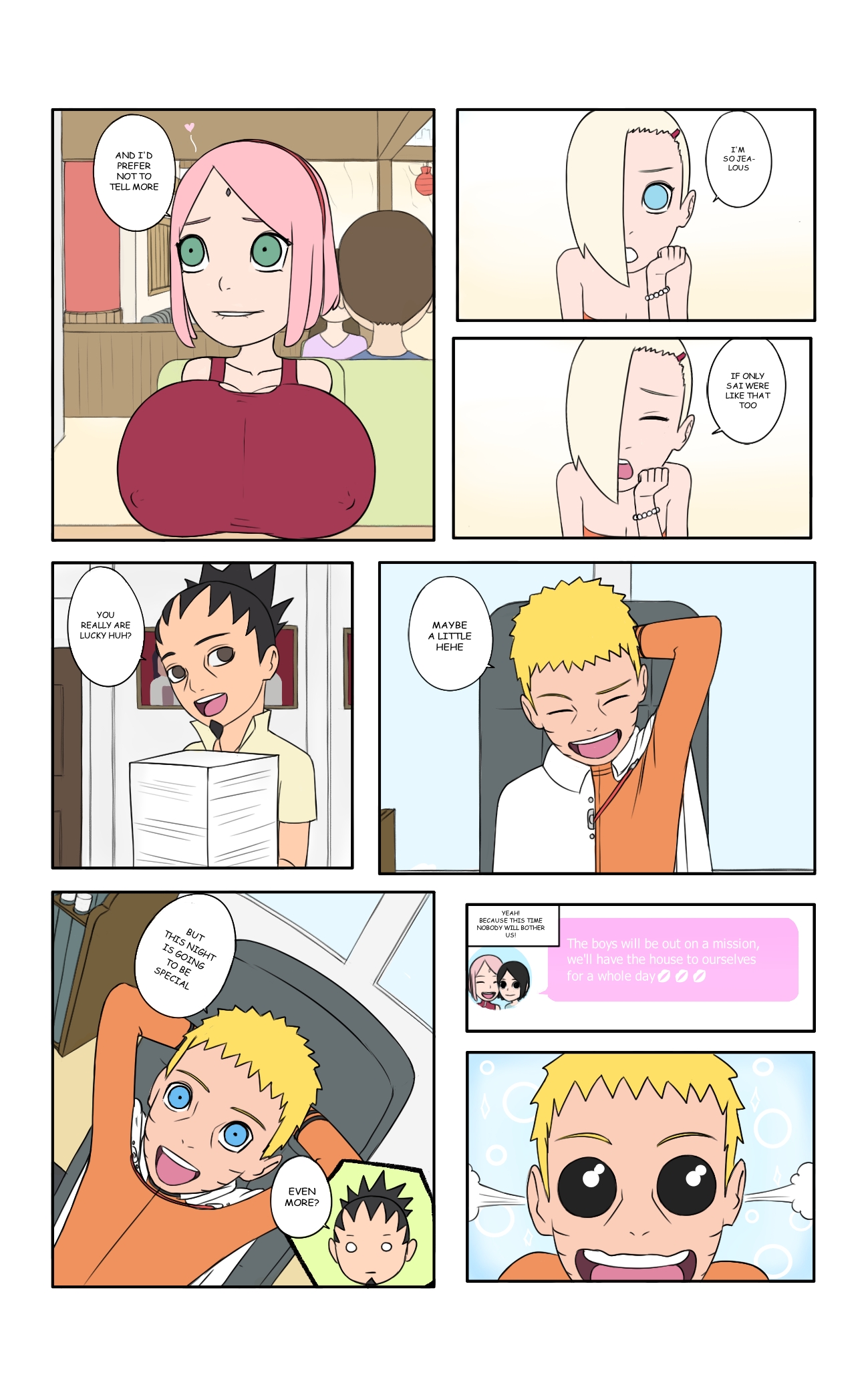 2boys, 2girls, aroused, biggies00, biting lip, black hair, blonde hair, boruto: naruto next generations, breasts, breasts on table, cheating, cheating husband, cheating wife, chibi, comic, dialogue, english text, female, friends, horny, horny female, huge breasts, ino yamanaka, invitation, inviting to sex, jealous, male, mature, mature female, message, milf, mother and daughter, multiple boys, multiple females, multiple girls, multiple males, nara shikamaru, naruto, naruto (series), naughty face, netorare, ntr, pink hair, sakura haruno, sarada uchiha, speech bubble, story, talking, talking to another, text message, uzumaki naruto, voluptuous