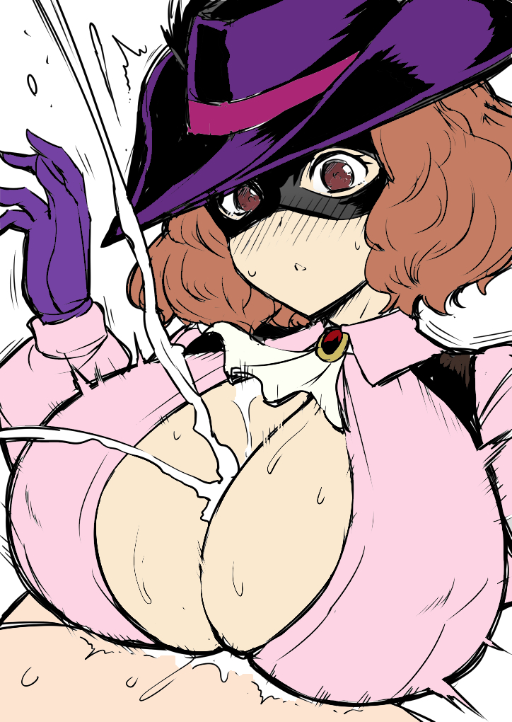 1boy, 1girls, 2022, atlus, big breasts, big cleavage, blush, breasts, brown eyes, brown hair, cleavage, cleavage cutout, clothed, clothing, colored, cum, cum in cleavage, cum on breasts, cumshot, cumshot in chest, curly hair, domino mask, edit, edited, ejaculation, ejaculation between breasts, engulfing paizuri, faceless male, female, female focus, femsub, gloves, haru okumura, haru okumura (noir), hat, huge breasts, human, kanno takanori, large breasts, light skin, light-skinned female, light-skinned male, long sleeves, looking at penis, looking down, male, male/female, maledom, mask, masked, masked female, medium hair, motion lines, open mouth, orgasm, paizuri, pale skin, penis, persona, persona 5, persona 5 royal, persona 5 scramble: the phantom strikers, persona 5: dancing star night, phantom thief suit, ren amamiya, sega, shaking, simple background, sweat, sweatdrop, third-party edit, titjob, trembling, white background