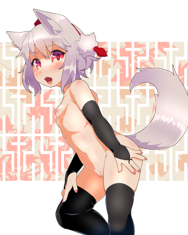 animal_ear_fluff animal_ears bangs black_bridal_gauntlets black_thighhighs blush breasts bridal_gauntlets commentary_request feet_out_of_frame female fingernails hair_between_eyes hand_on_own_leg hat heart heart-shaped_pupils inubashiri_momiji leaf looking_at_viewer maple_leaf momiji_inubashiri navel nipples nude open_mouth pink_nails pussy red_eyes red_headwear short_hair small_breasts solo symbol-shaped_pupils tail teeth thighhighs tokin_hat tongue torque_(hadantorque) touhou upper_teeth_only white_background white_hair wolf_ears wolf_girl wolf_tail