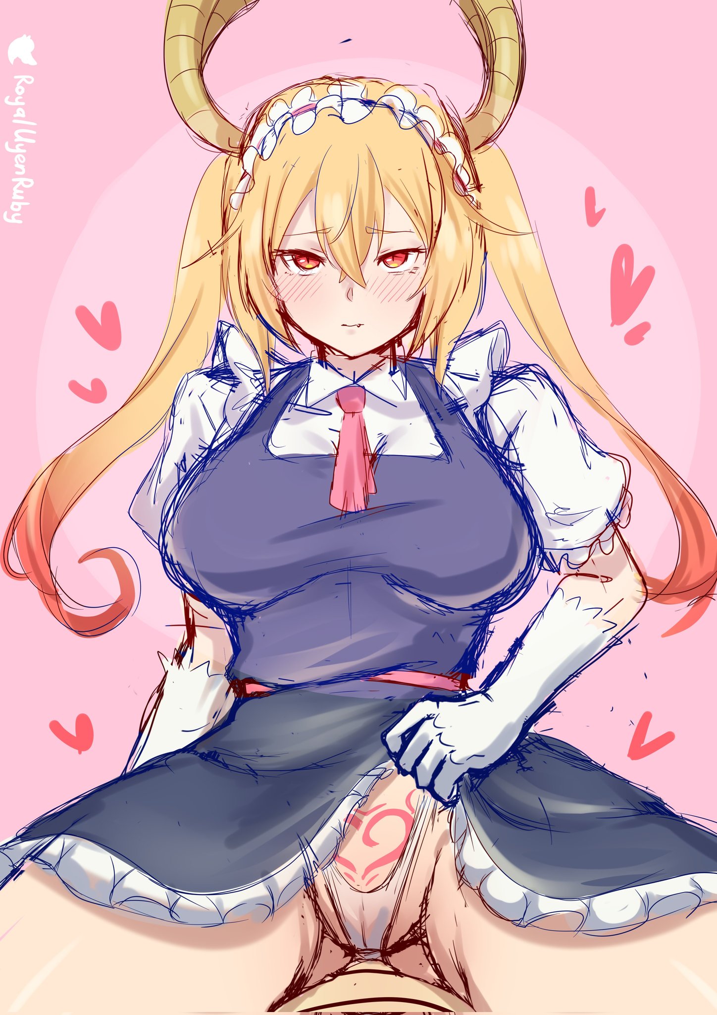 1boy, 1girls, big breasts, breasts, cameltoe, clothed, female, female on top, lifting skirt, maid, male, miss kobayashi's dragon maid, orange eyes, panties, peaupeapea, pubic tattoo, pussy, tohru (dragon maid)