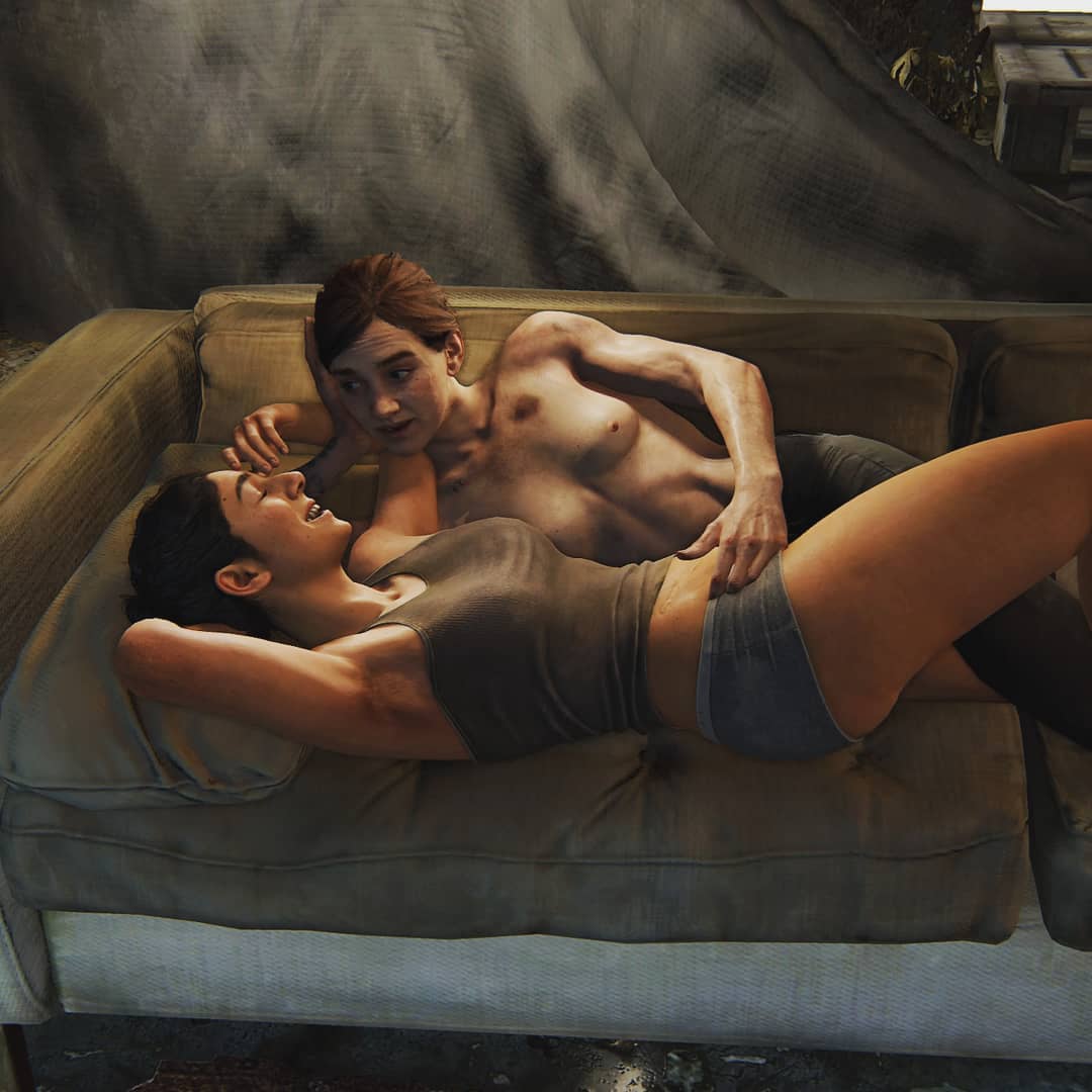 2girls, 3d, black hair, blood, breasts, brown hair, bruises, detailed background, dina (the last of us), duo, ellie (the last of us), ellie williams, female, female only, female/female, hair, mod, muscular, muscular female, naughty dog, nipples, on couch, panties, partially clothed, scar, screencap, tattoo, the last of us, the last of us 2, topless, yuri