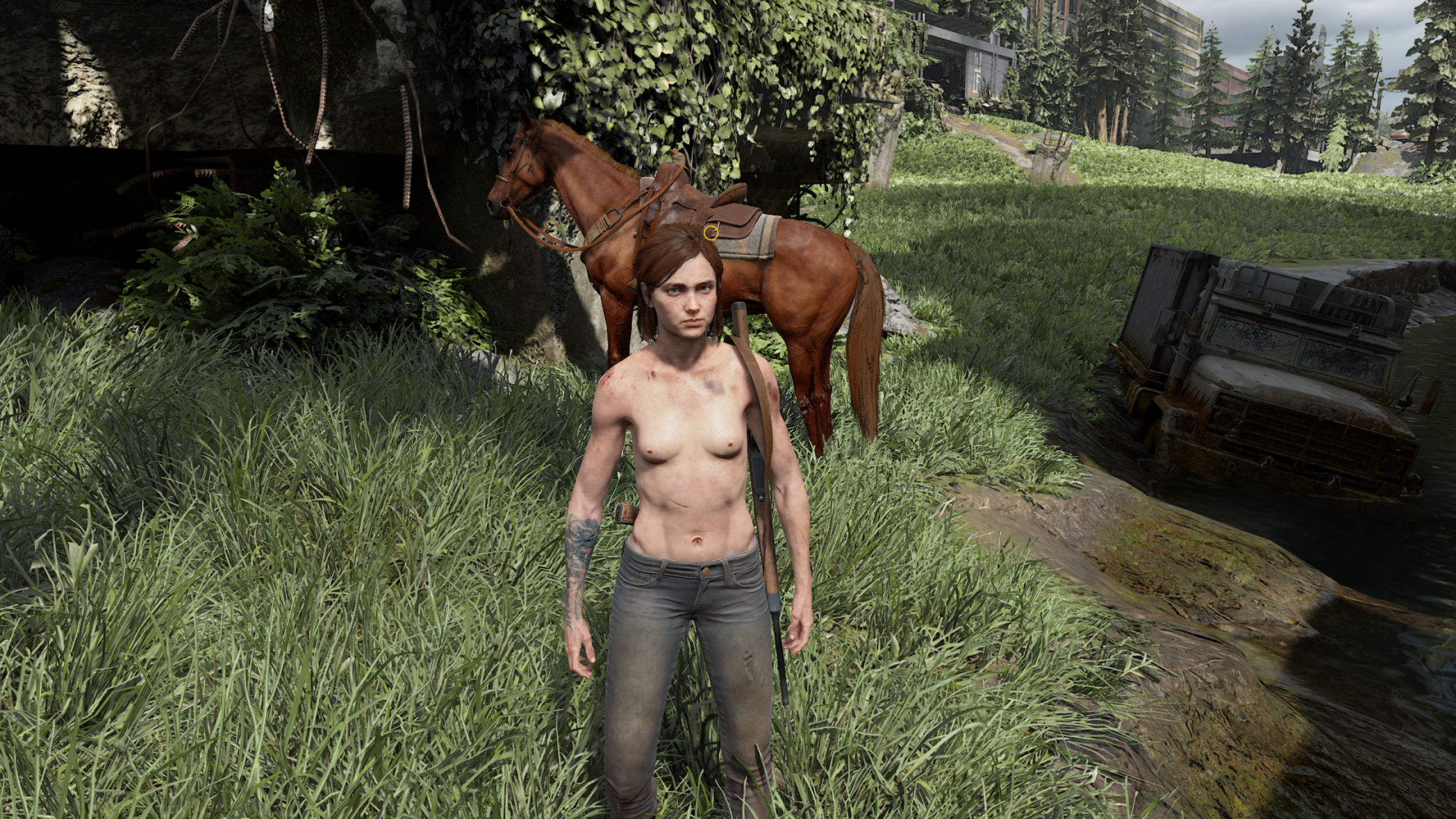 3d, blood, breasts, brown hair, bruises, casual, casual nudity, casual topless, clothing, detailed background, ellie (the last of us), ellie williams, female, firearm, hair, horse, human, jeans, looking at viewer, mod, muscular, muscular female, naughty dog, nipples, nonsexual, nonsexual nudity, pale skin, partially clothed, rifle, scar, screencap, solo, tattoo, the last of us, the last of us 2, topless, topless jeans, weapon