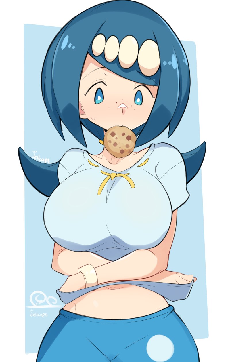 1girls blue_eyes blue_hair breasts cookie female freckles gigantic_breasts jellcaps lana's_mother_(pokemon) large_breasts milf mob_face pokemon pokemon_sm pulling_shirt_up wide_hips