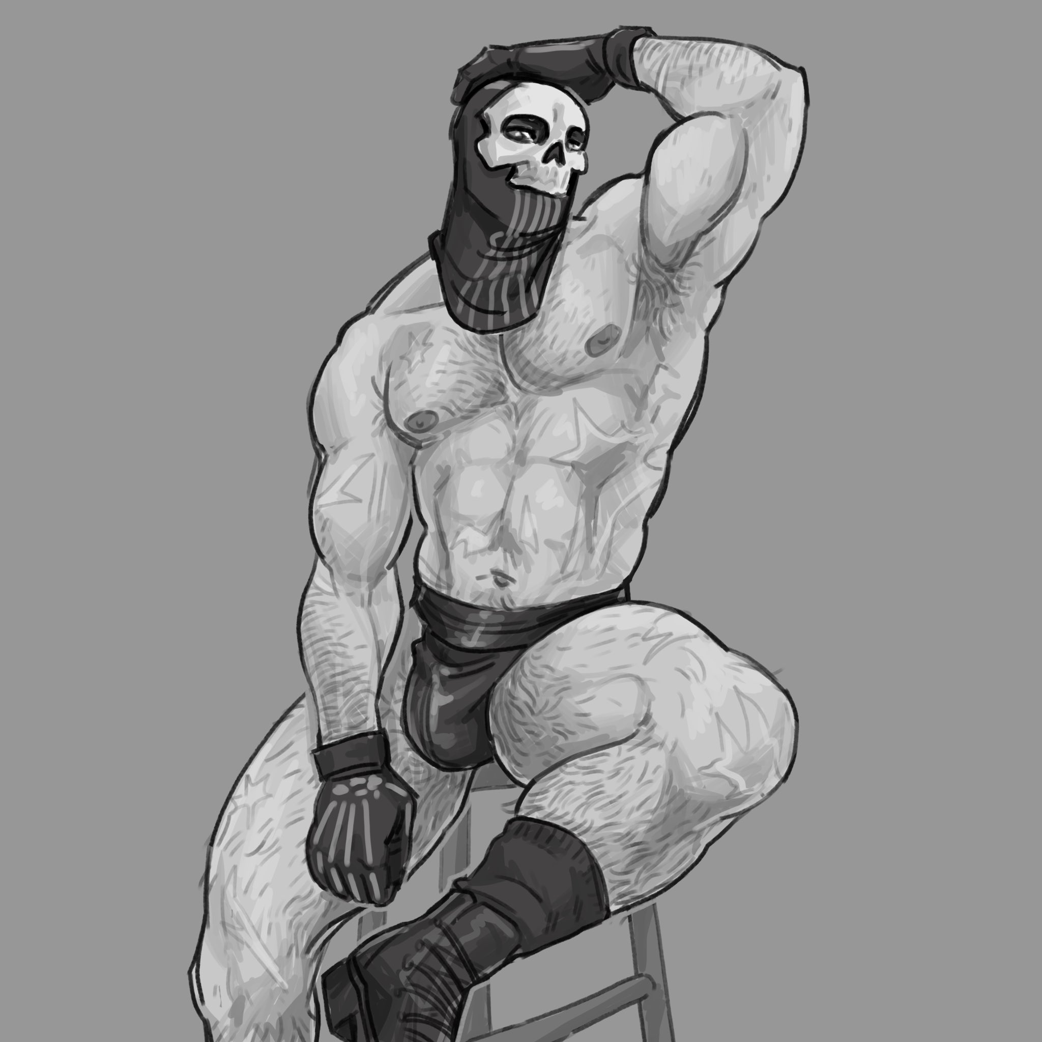 1boy, 2023, abs, armpit, armpits, arms up, belly button, big bulge, black and white, boots, bulge, call of duty, call of duty modern warfare 2 (2022), digital media (artwork), ghost (modern warfare 2), gloves, hairy, hairy armpits, hairy arms, hairy chest, hairy legs, hairy male, hairy thighs, male, male focus, male only, male pubic hair, mask, muscles, muscular, muscular male, pubic hair, scar, scars, scars all over, shoes, simon riley, sitting, sitting down, sitting on chair, skull, socks, solo, solo focus, solo male, speedo, thong, underwear, vicdraws
