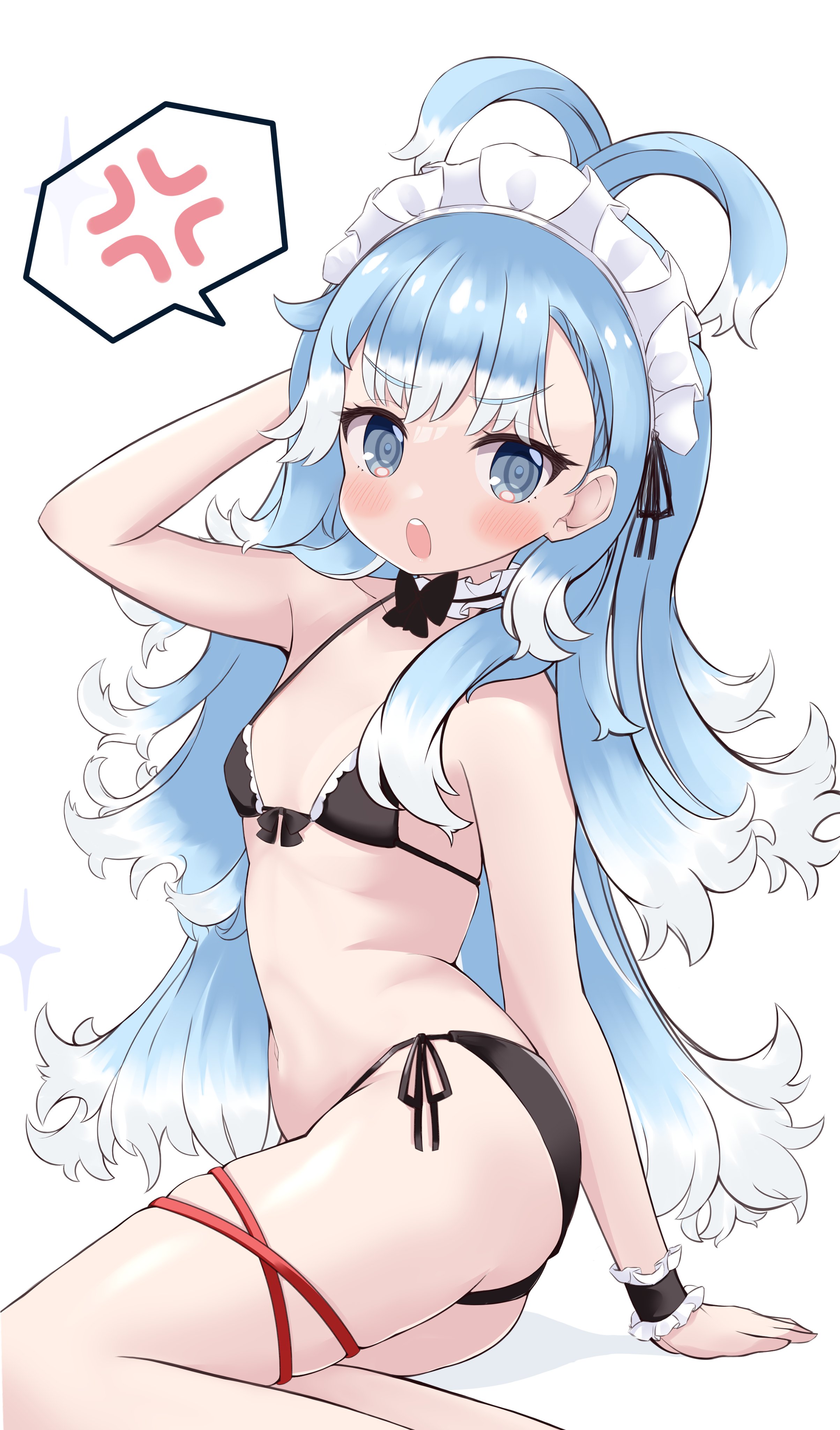 absurdres, aged up, alternate version at source, anger vein, ass, bangs, bikini, black bikini, blue eyes, blue hair, blush, cocozasa, female, flat chest, highres, hololive, hololive indonesia, hololive indonesia holoh3ro, kobo kanaeru, long hair, looking at viewer, maid headdress, midriff, multicolored hair, navel, open mouth, simple background, sitting, solo, spoken anger vein, string bikini, swimsuit, two-tone hair, virtual youtuber, white background, white hair