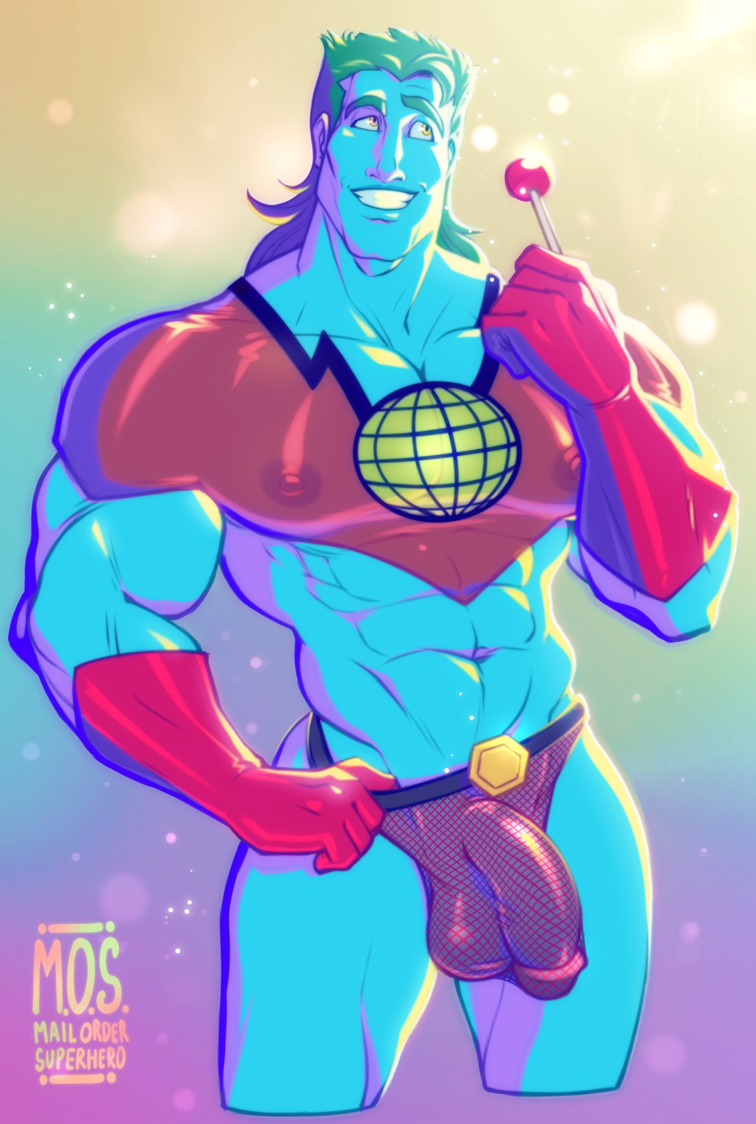 1boy abs areolae balls big_areola big_balls big_nipples big_pecs big_penis big_thighs blue_skin captain_planet captain_planet_and_the_planeteers flaccid_penis gloves gold_eyes green_hair himbo lollipop long_hair mail_order_superhero male male_nipples male_only mesh_clothing mullet muscles muscular_male nipples pecs penis smile smiling translucent_clothing