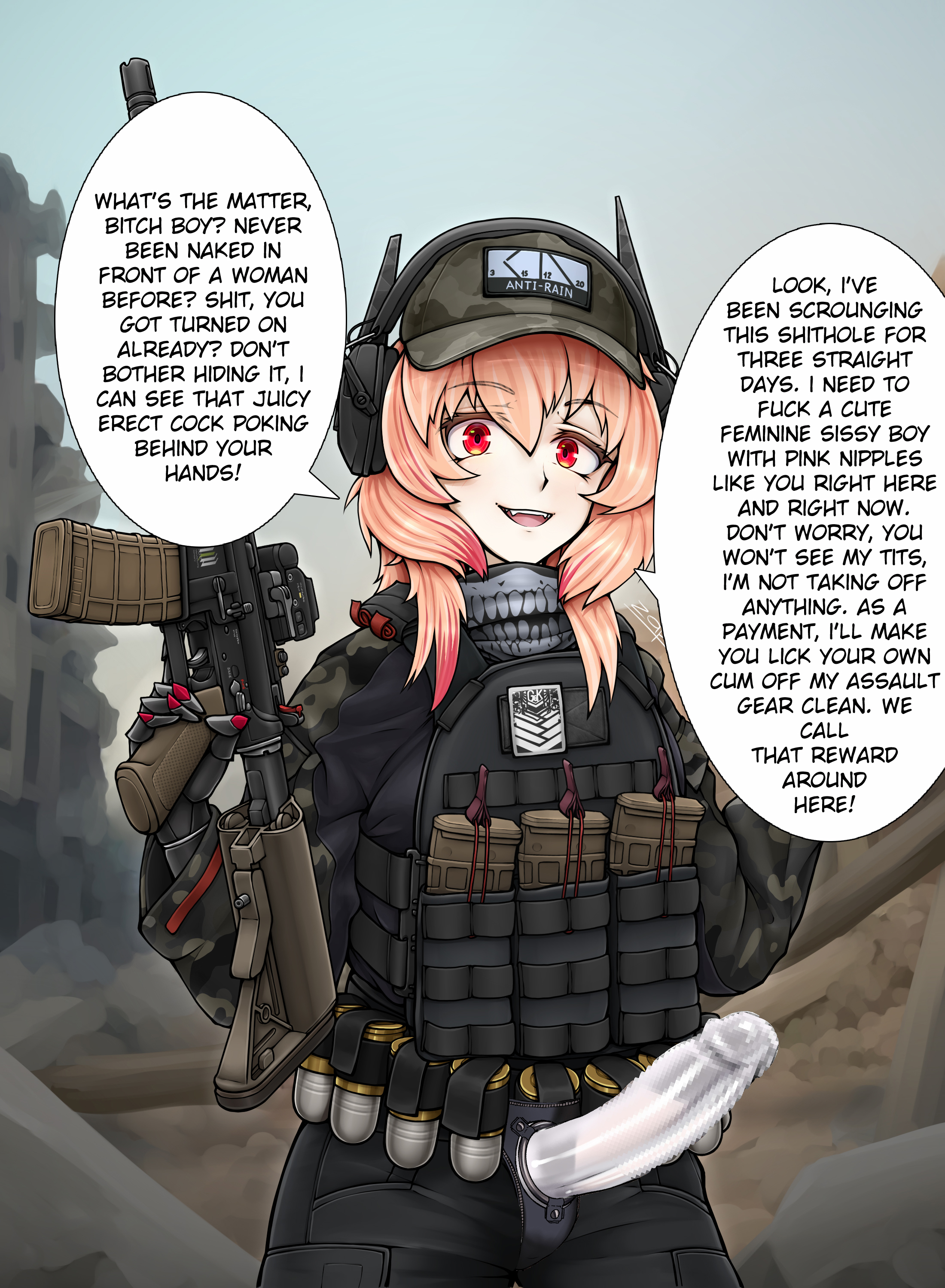 1girls, armor, artist request, censored, dildo, dirty talk, female, femdom, femdom caption, feminization, firearm, girls' frontline, gloves, humiliation, implied anal, implied rape, looking at viewer, m4 sopmod ii (girls' frontline), military, military hat, military uniform, pants, rape, sex toy, straight, strap-on, strapon, text
