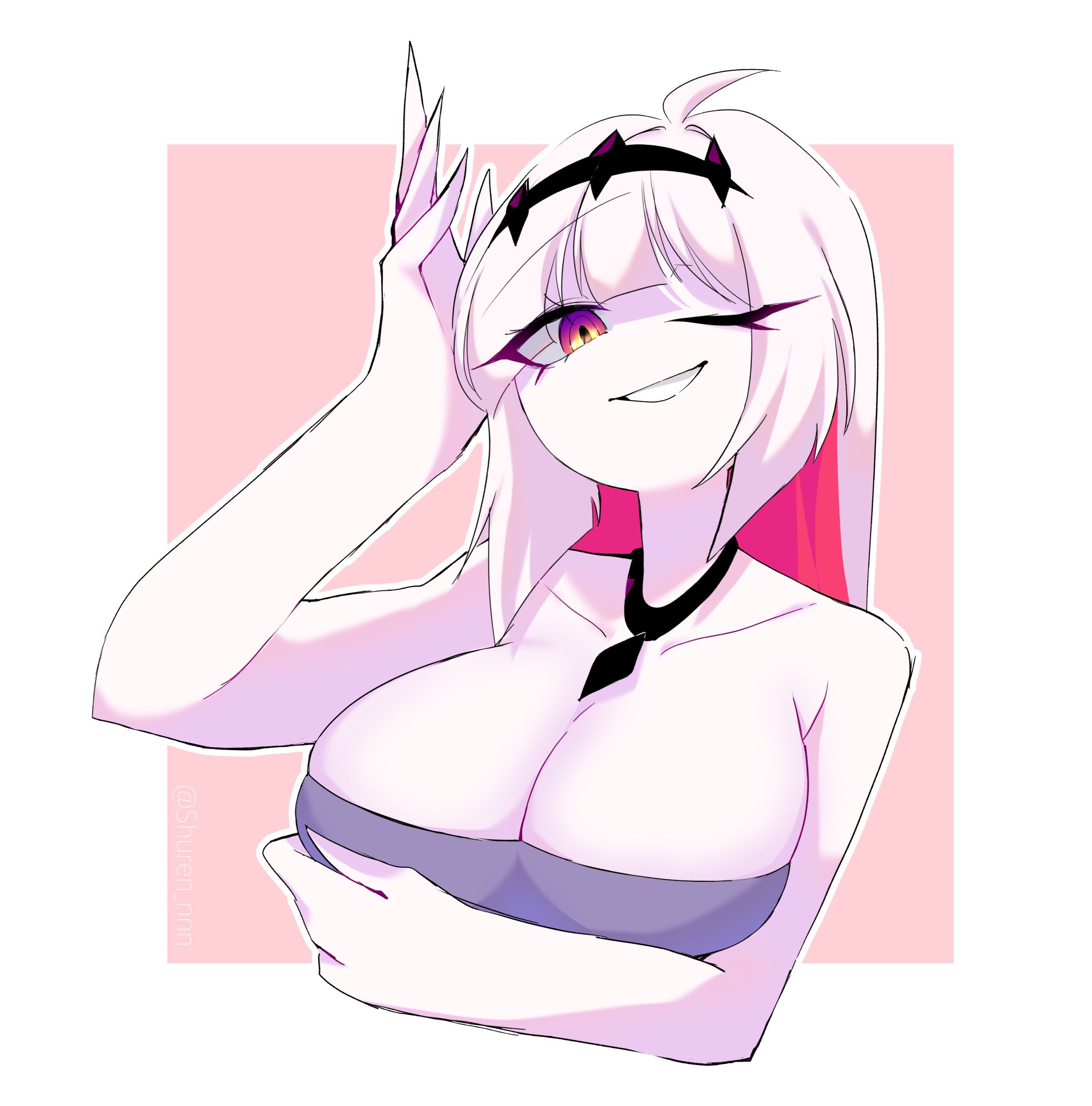 1girls, big breasts, breasts, clothed, eyes visible through hair, female, female only, friday night funkin, hair, hair ornament, hand on head, holding breast, looking at viewer, necklace, nikusa (sugarratio), one eye closed, safe for work, simple background, smile, tagme, tagme (artist), teeth, white body, white hair, white skin