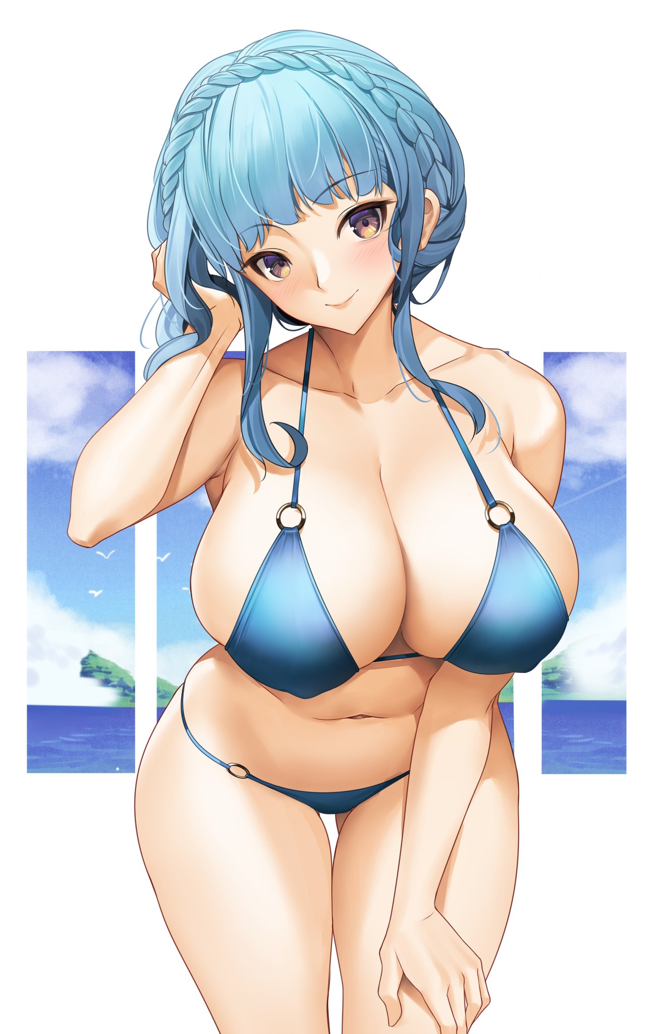 1girls adjusting_hair alternate_breast_size alternate_costume ass_visible_through_thighs bangs bare_shoulders big_breasts bikini blue_bikini blue_hair blue_swimsuit blush breasts brown_eyes cleavage collarbone commission female female_only fire_emblem fire_emblem:_three_houses highres large_breasts long_hair looking_at_viewer marianne_von_edmund navel nintendo official_alternate_hairstyle sidelocks smile solo swimsuit thighs tony_guisado