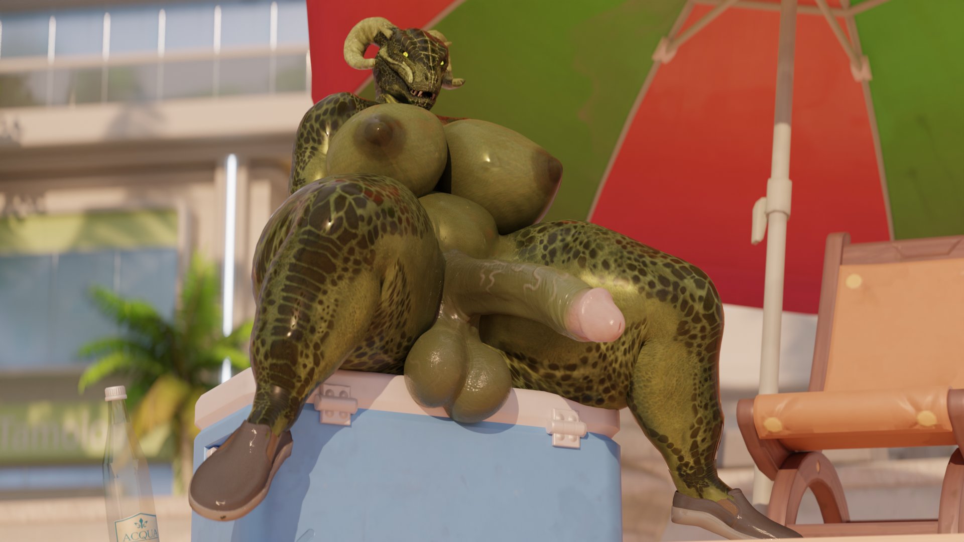 1futa, 3d, acacklinghyena, anthro, argonian, balls, beach, big balls, big breasts, big penis, blurry background, breasts, futa only, futanari, green skin, horns, huge balls, huge breasts, huge cock, intersex, nipples, overweight, overweight futa, penis, scalie, shoes, sitting, skyrim, tagme, the elder scrolls, thick thighs