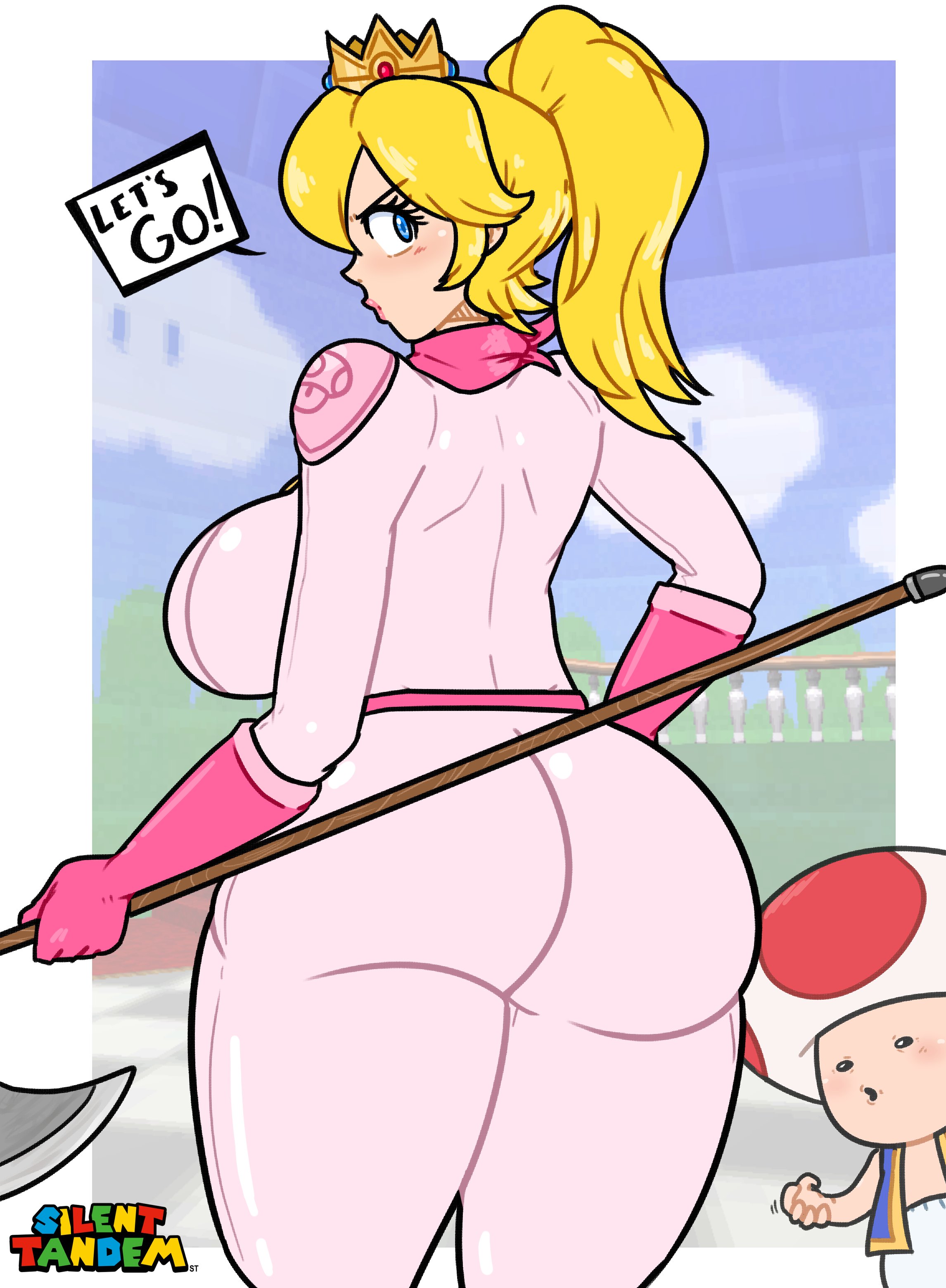1boy, 1girls, ass, ass focus, big ass, big breasts, breasts, english text, female, female focus, horny, illumination entertainment, indoors, looking at viewer, looking back, male, mario (series), nintendo, princess peach, sideboob, silenttandem, speech bubble, standing, super mario bros., super mario bros. (2023 film), tagme, text, toad (mario)