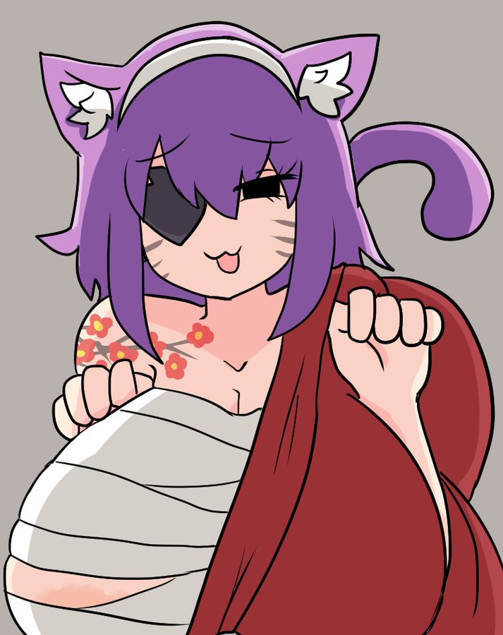 1girls animal_ears areolae bandages big_breasts cat_ears catgirl cleavage doodle eyepatch grey_background light-skinned_female mob_face nipple_slip notnoe_(dxcl) oc original_character purple_hair request sarashi tail tattoo whiskers