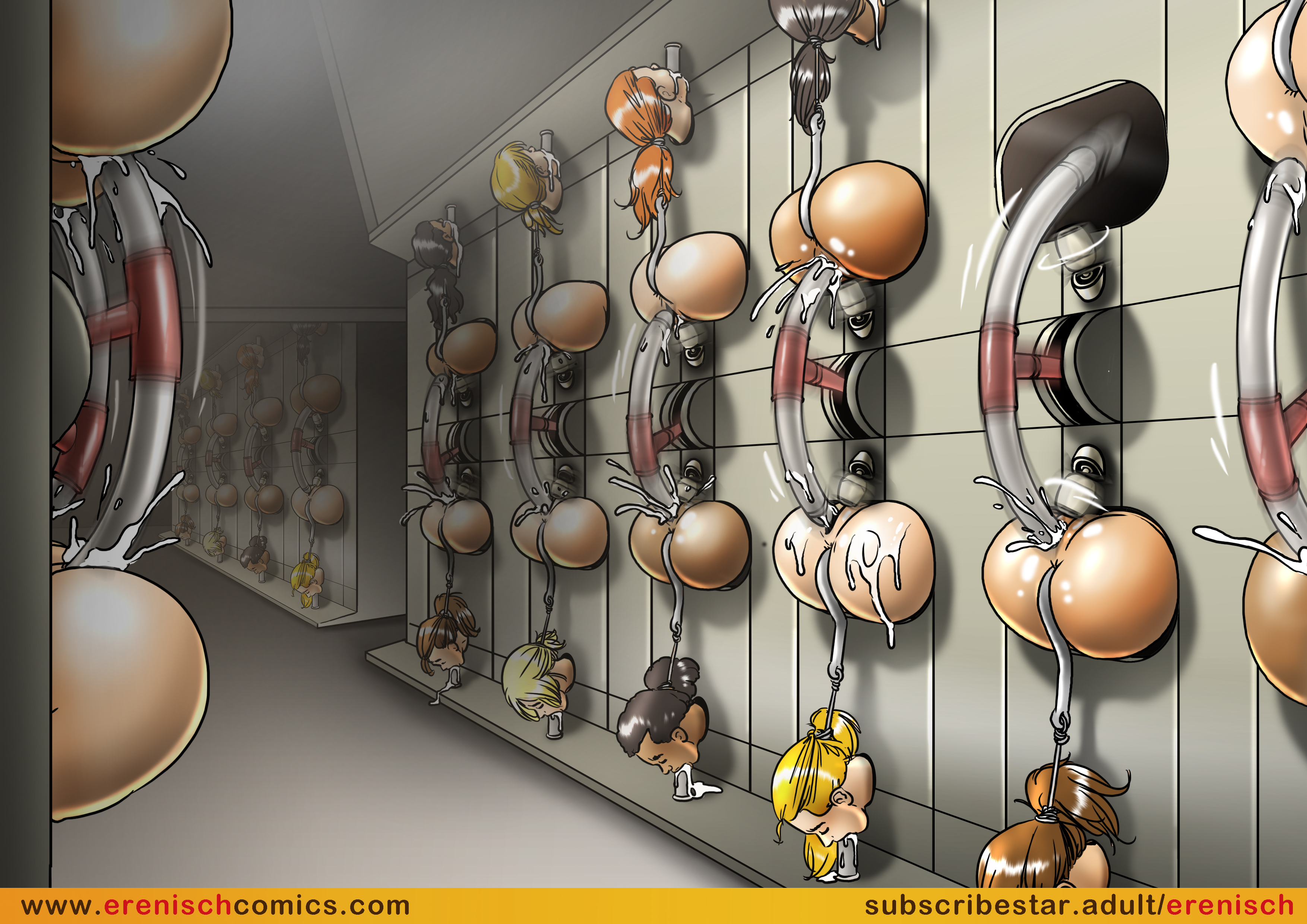 bondage, erenisch, female, fucking machine, group, restrained, sex machine