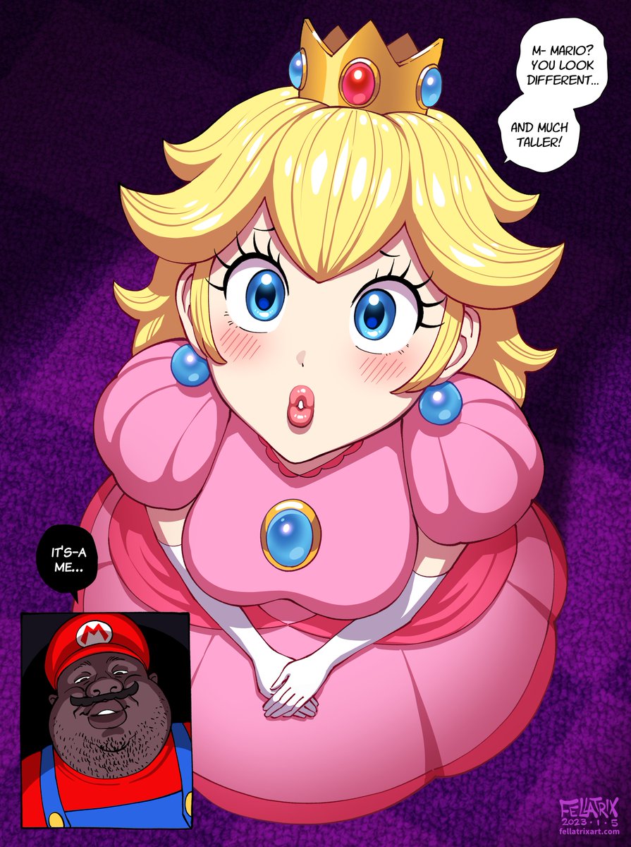 1boy 1girls blonde_hair blue_eyes crown dark-skinned_male dark_skin fat_man fellatrix hat kneeling light-skinned_female mario_(series) princess_peach super_mario_bros. tagme