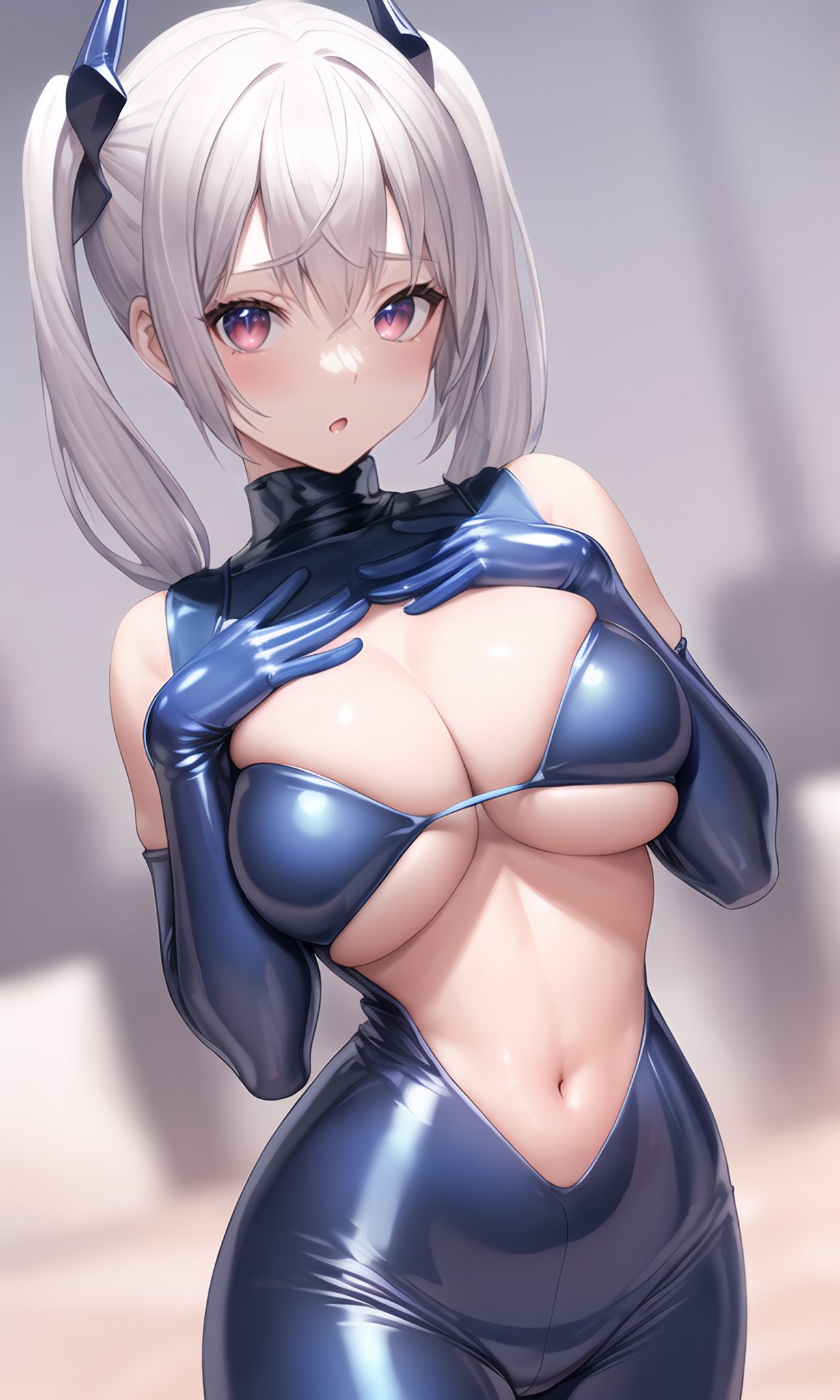 1girls, 2023, ai generated, big breasts, bodysuit, breasts, curvaceous, curvy female, curvy figure, female, female only, hi res, high resolution, latex, latex suit, looking at viewer, original, original character, red eyes, seductive look, shiny clothes, skin tight, stable diffusion, stuffyai, tight clothing
