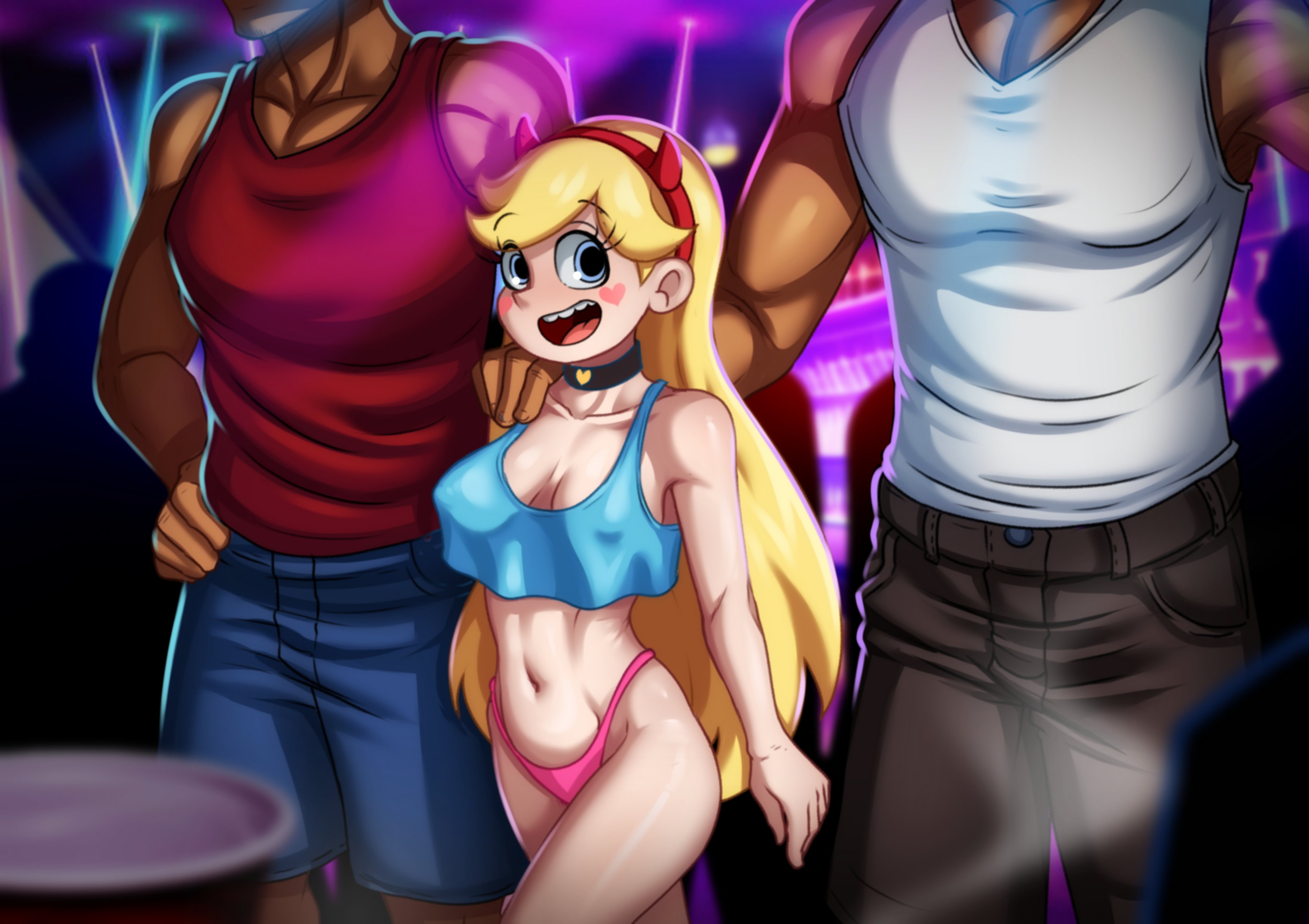 1girls, 2boys, accelart, big breasts, blonde female, blonde hair, blue eyes, breasts, choker, clothing, crop top, crop top overhang, dark skin, dark-skinned male, disney, disney channel, disney xd, fake horns, female, light skin, light-skinned female, male, muscular, muscular male, panties, size difference, star butterfly, star vs the forces of evil, white female