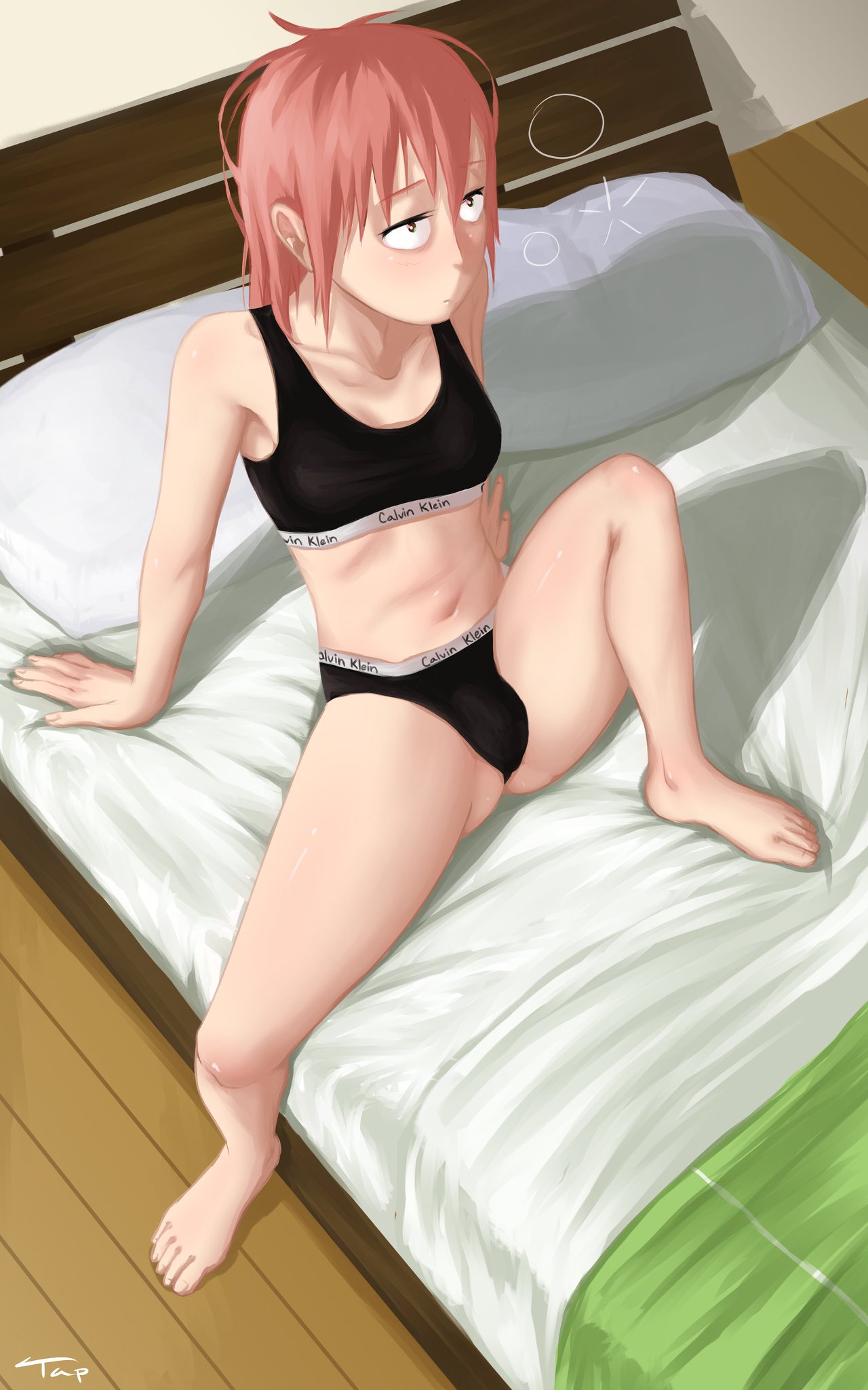 1futa, 2022, alternate version available, black bottomwear, black panties, black topwear, bottomwear, breasts, brown eyes, bulge, bulge through clothing, clothed, clothing, feet, futa only, futanari, hair, human, intersex, kobayashi, light skin, light-skinned futa, messy hair, miss kobayashi's dragon maid, mostly nude, on bed, panties, pillow, red hair, short hair, sitting, solo futa, tap34, text, thighs, topwear, waking up