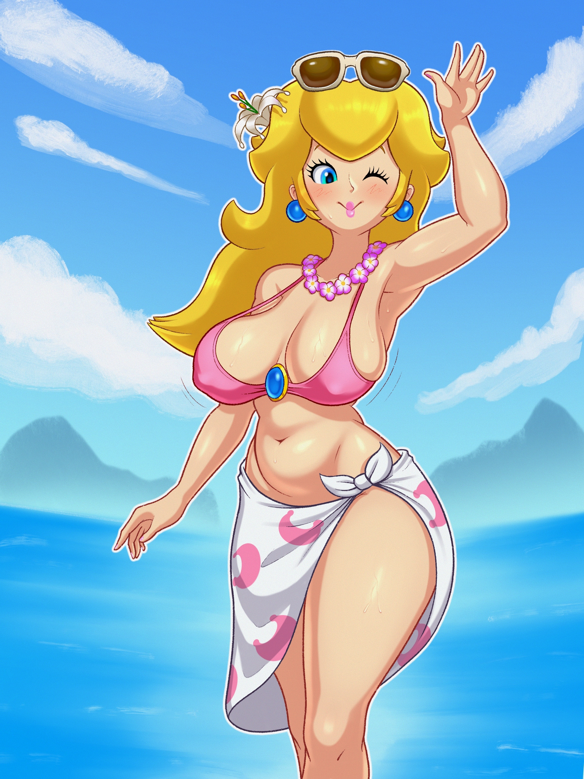 1girls, 2023, big breasts, bikini, bikini top, blonde hair, blue hair, blush, blush lines, bottomless, bottomwear, breasts, cleavage, clothing, cropped legs, curvaceous, curvy, earrings, eyelashes, female, female only, flower, flower in hair, hi res, highres, hourglass figure, light skin, light-skinned female, lipstick, long hair, looking at viewer, mario (series), midriff, motion lines, necklace, nintendo, nipple bulge, one eye closed, outdoors, outside, partially clothed, portrait, pose, posing, princess, princess peach, princess peach (swimwear), sea, shiny hair, shiny skin, sleepiitreat, slightly chubby, smile, smiling, smiling at viewer, solo, solo female, standing, sunglasses, sunglasses on head, super mario odyssey, swimsuit, swimwear, thick thighs, thighs, topwear, towel, towel around waist, video games, wet, wide hips