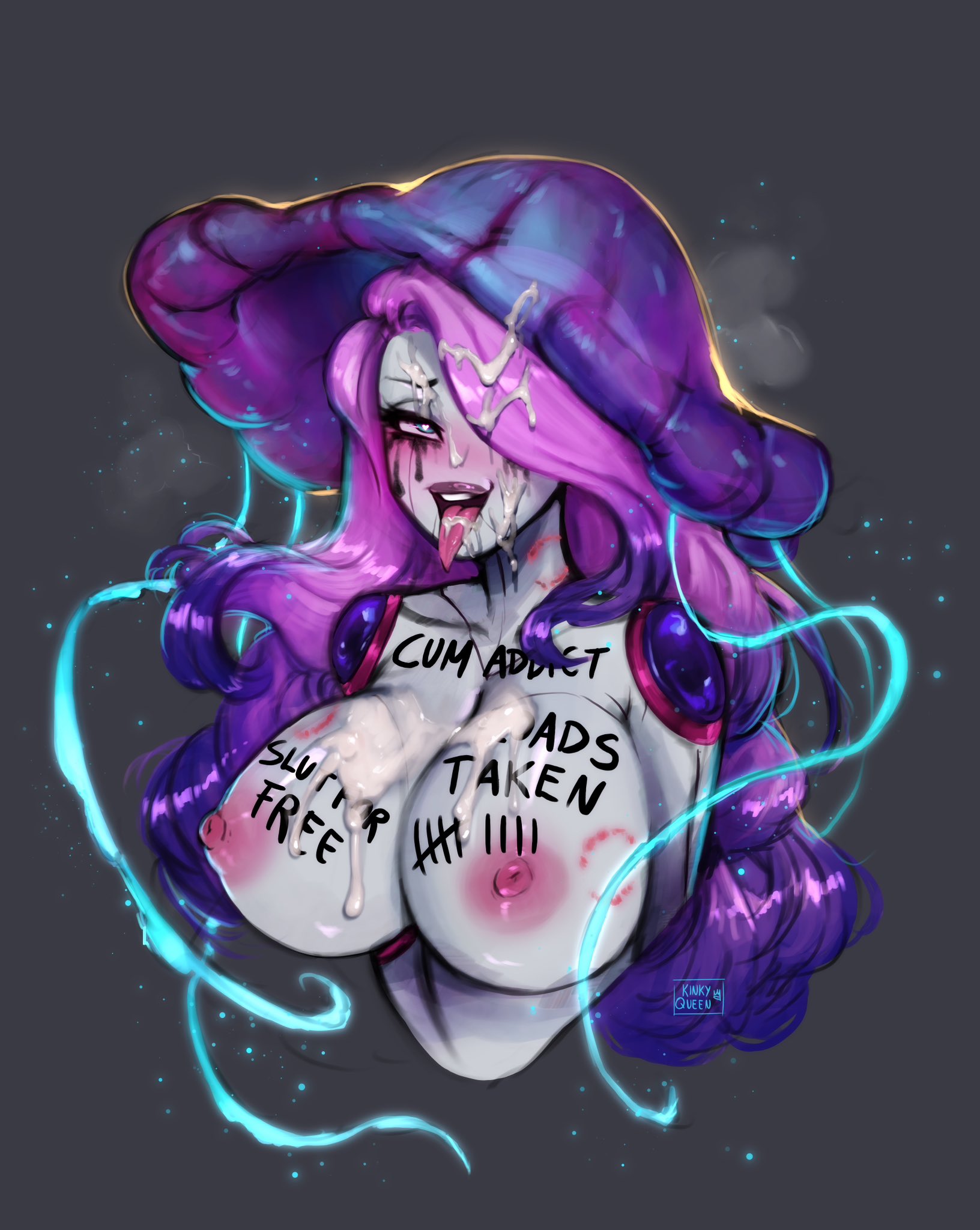 1girls, areolae, big breasts, bite mark, bite mark breast, blue eyes, blush, breasts, commission, cum, cum on breasts, cum on face, cum on tongue, disembodied, female, female only, grey background, hair over one eye, heart-shaped pupils, hi res, humanoid, long hair, looking at viewer, mushroom cap, mushroom humanoid, my kinky queen, narrowed eyes, nipples, nude, nude female, open mouth, pink hair, pleasure face, purple hair, ruined makeup, runny makeup, smiling, smiling at viewer, solo, tongue, tongue out, two-tone hair, writing on body, writing on breasts