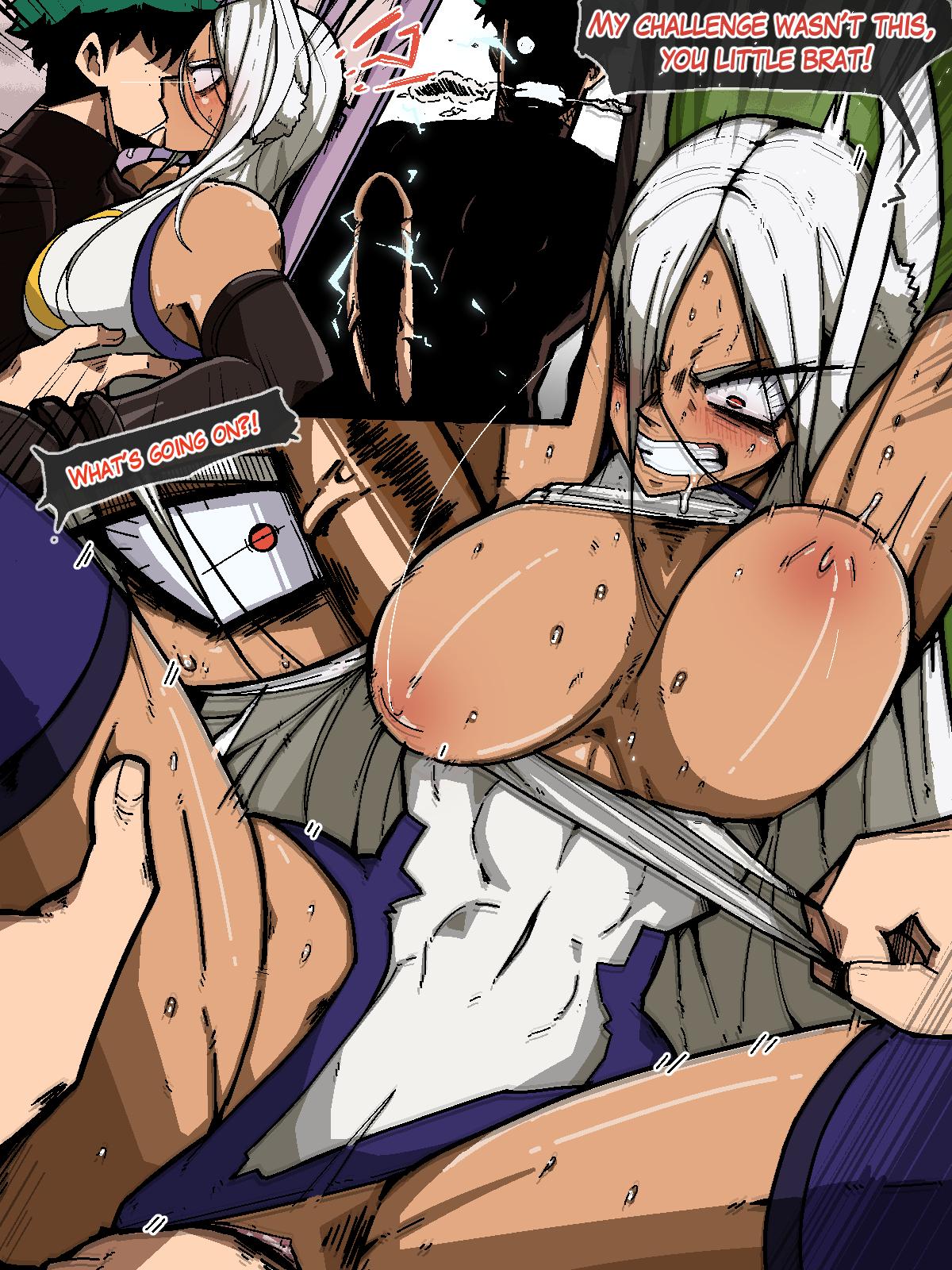 1boy, 1girls, age difference, animal ears, athletic, athletic female, big breasts, blush, bouncing breasts, breasts, breasts out, bunny ears, busty, clothed sex, clothing aside, comic, dark skin, dark-skinned female, dialogue, english text, female, female human, femsub, forced, forced kiss, french kiss, green hair, green-haired male, hero outfit (mha), human, interracial, izuku midoriya, kemonomimi, kissing, large breasts, leotard, male, male penetrating, maledom, mark gavatino, mature female, miruko, muscle tone, muscles, my hero academia, nipples, no bra, older female, older female and younger male, penetration, penis, pinned down, pussy, rape, red eyes, restrained, restrained arms, rumi usagiyama, sex, slim waist, struggling, superhero costume, superheroine, text, thick thighs, torn clothes, uncensored, vaginal penetration, vaginal sex, veiny penis, white hair, white-haired female, wide hips, younger male, younger penetrating older