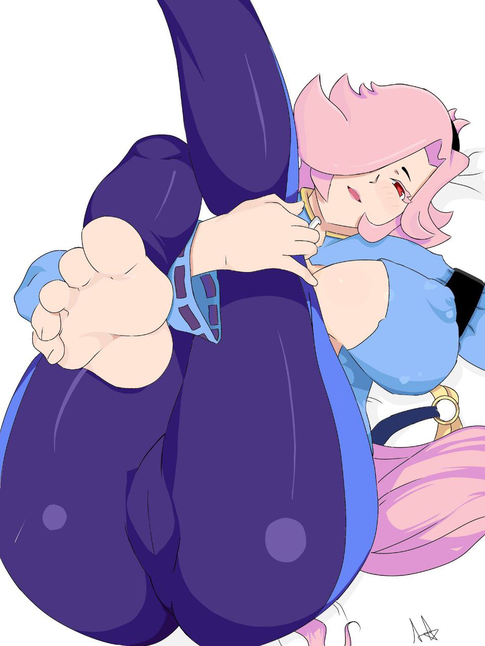 1girls big_ass big_breasts blush brawl_stars colette_(brawl_stars) feet fully_clothed holding_legs huge_ass large_breasts lipstick long_hair lying_on_bed navigator_colette nipples_visible_through_clothing novatouwu pink_hair pussy pussy_visible_through_clothes red_eyes supercell thick_thighs tight_clothing unbuttoned