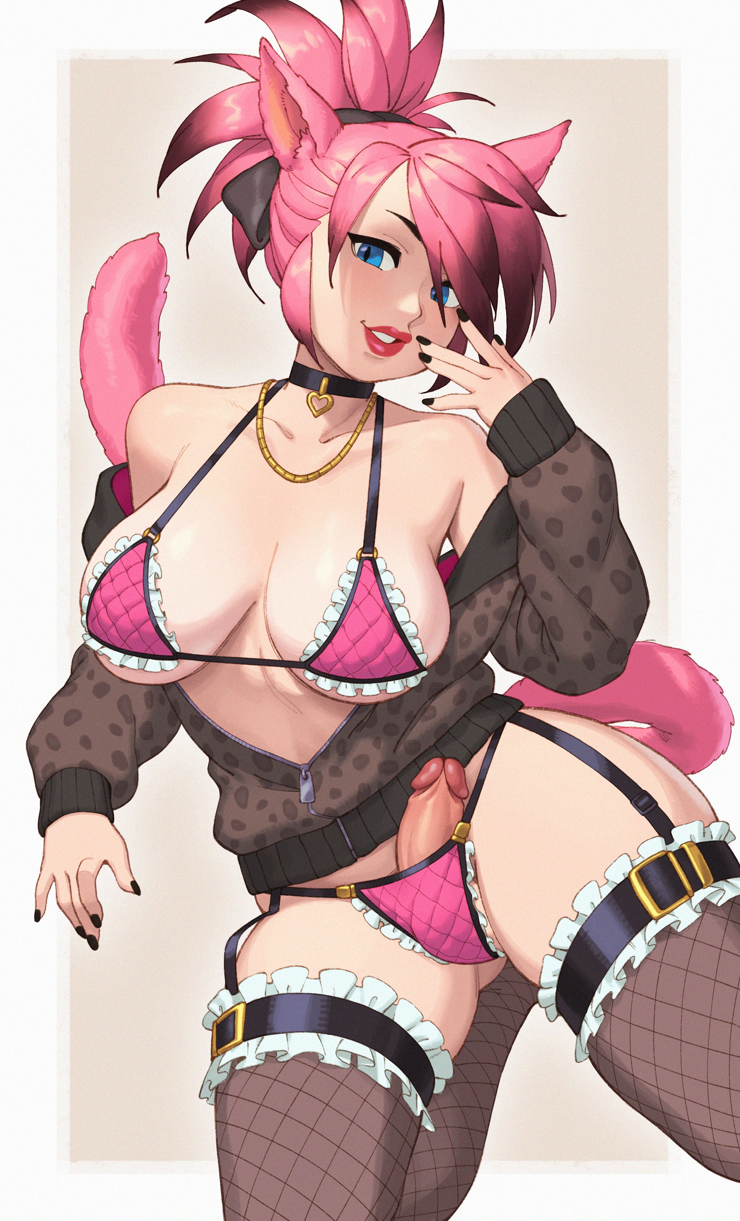 1futa, 2023, animal ears, asymmetrical hair, big breasts, big penis, breasts, cat ears, cat girl, cat tail, catgirl, cleavage, clothed, clothing, erection, female, final fantasy, final fantasy xiv, futa focus, futa only, futanari, high resolution, huge breasts, humanoid, humanoid penis, intersex, kemonomimi, large breasts, large penis, light skin, light-skinned female, light-skinned futa, miqo'te, mostly nude, penis, pink hair, rizdraws, solo, square enix, standing, tail, thighhighs, tied hair, uncensored, zephyr winds